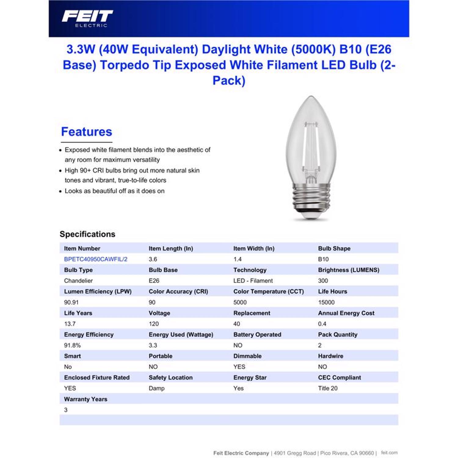 Feit White Filament B10 E26 (Medium) Filament LED Bulb Daylight 40 Watt Equivalence 2 pk