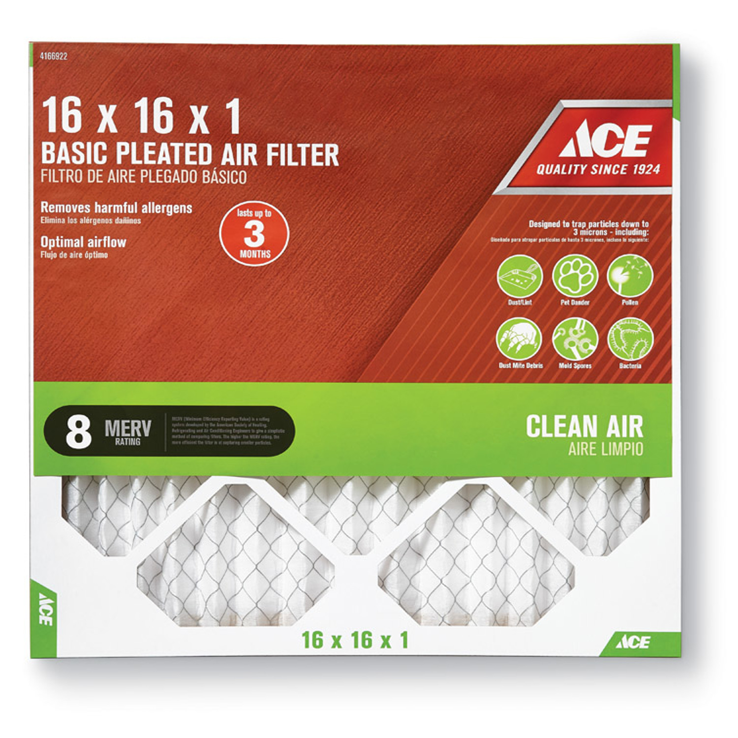 Ace 16 in. W X 16 in. H X 1 in. D Cotton 8 MERV Pleated Air Filter 1 pk