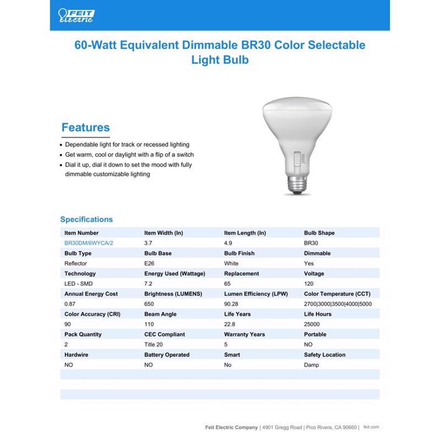 Feit BR30 E26 (Medium) LED Bulb Adjustable White 65 Watt Equivalence 2 pk