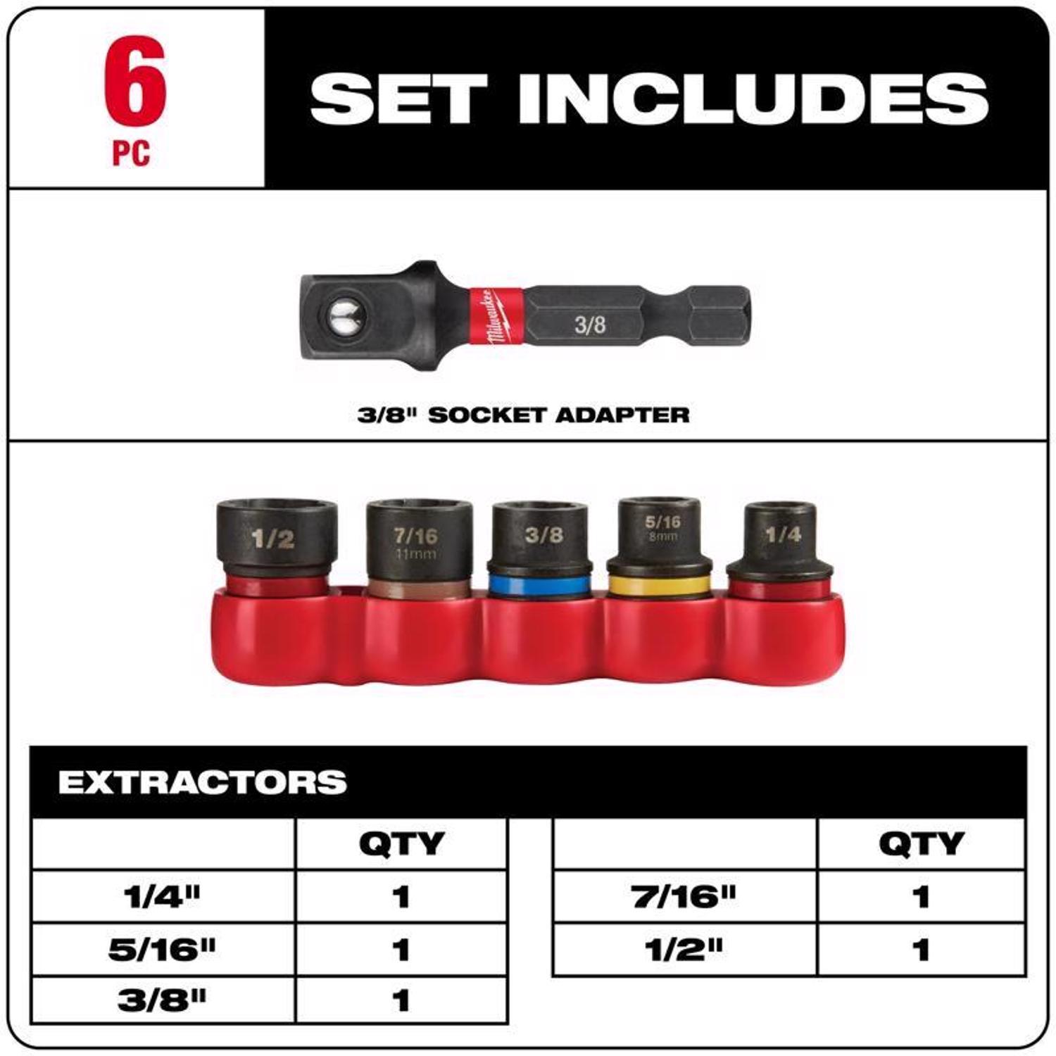 Milwaukee Shockwave 3/8 in. D Alloy Steel Impact Duty Extractor Set 1 in. 6 pc