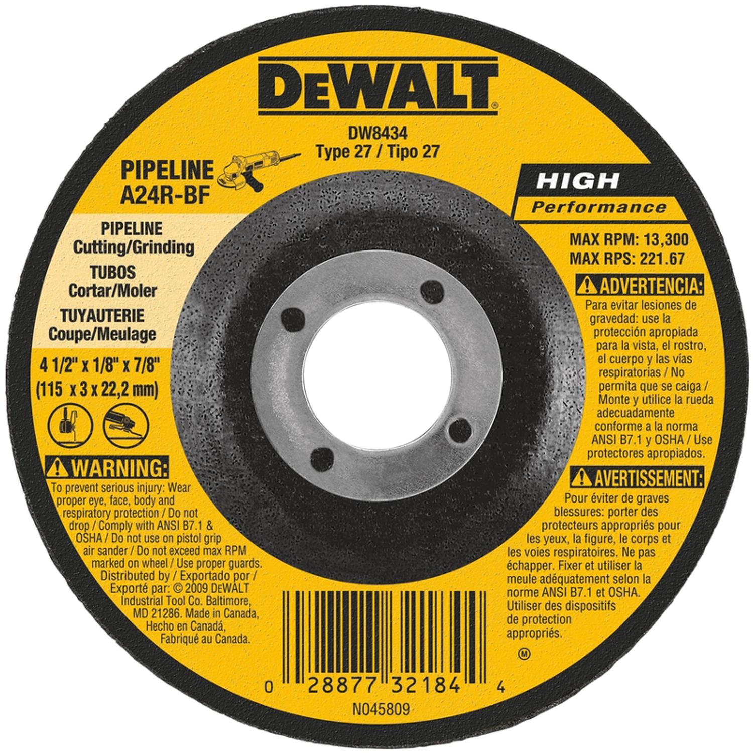 DeWalt 4-1/2 in. D X 7/8 in. Aluminum Oxide Pipeline Cutting Wheel 1 pc