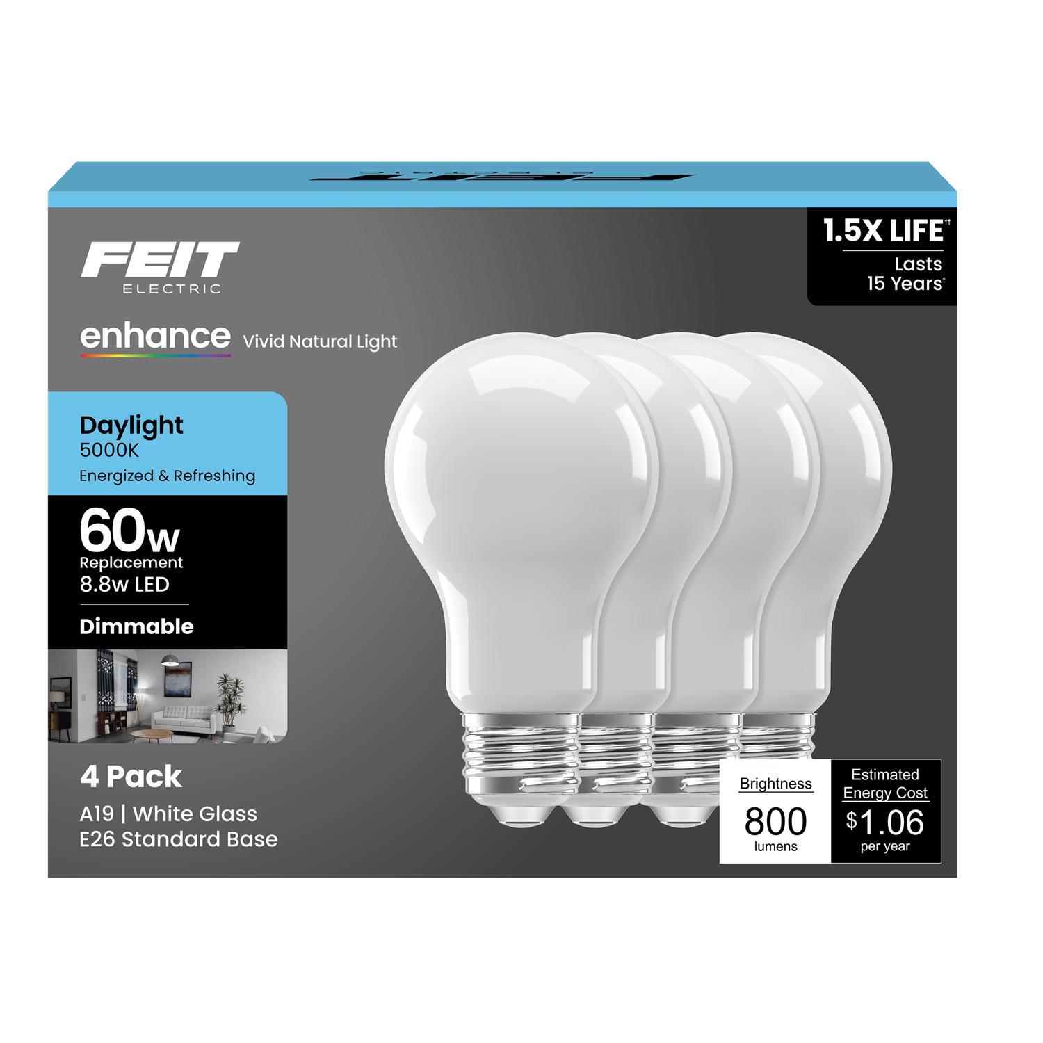 Feit Enhance A19 E26 (Medium) LED Bulb Daylight 60 Watt Equivalence 4 pk