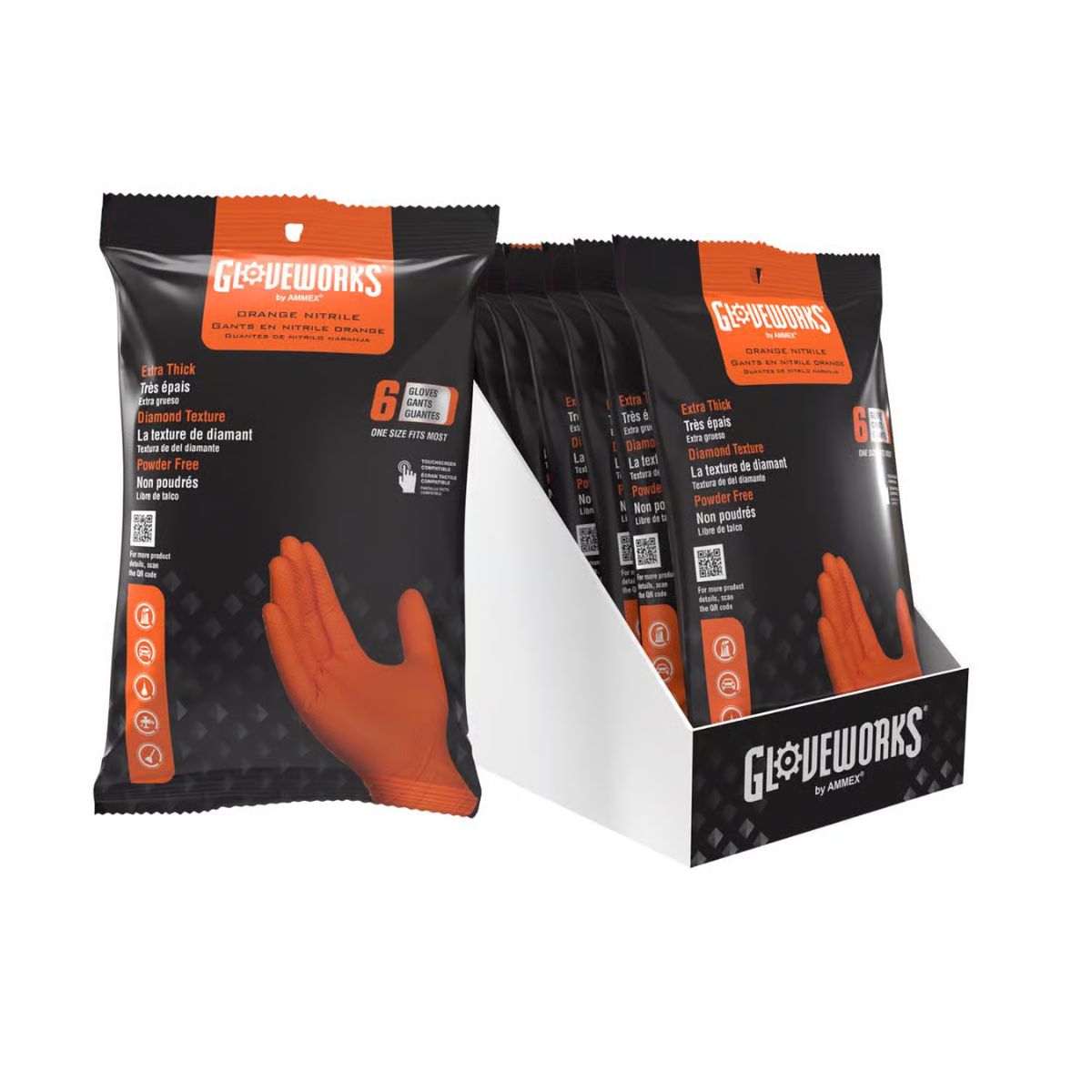 Gloveworks Nitrile Disposable Gloves One Size Fits Most Orange Powder Free 6 Pieces
