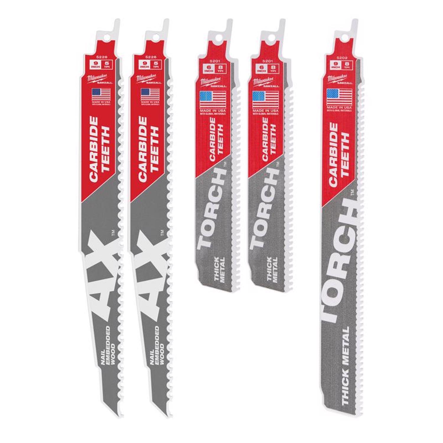 Milwaukee Sawzall 6 and 9 in. Carbide Reciprocating Saw Blade Set Assorted TPI 5 Pack