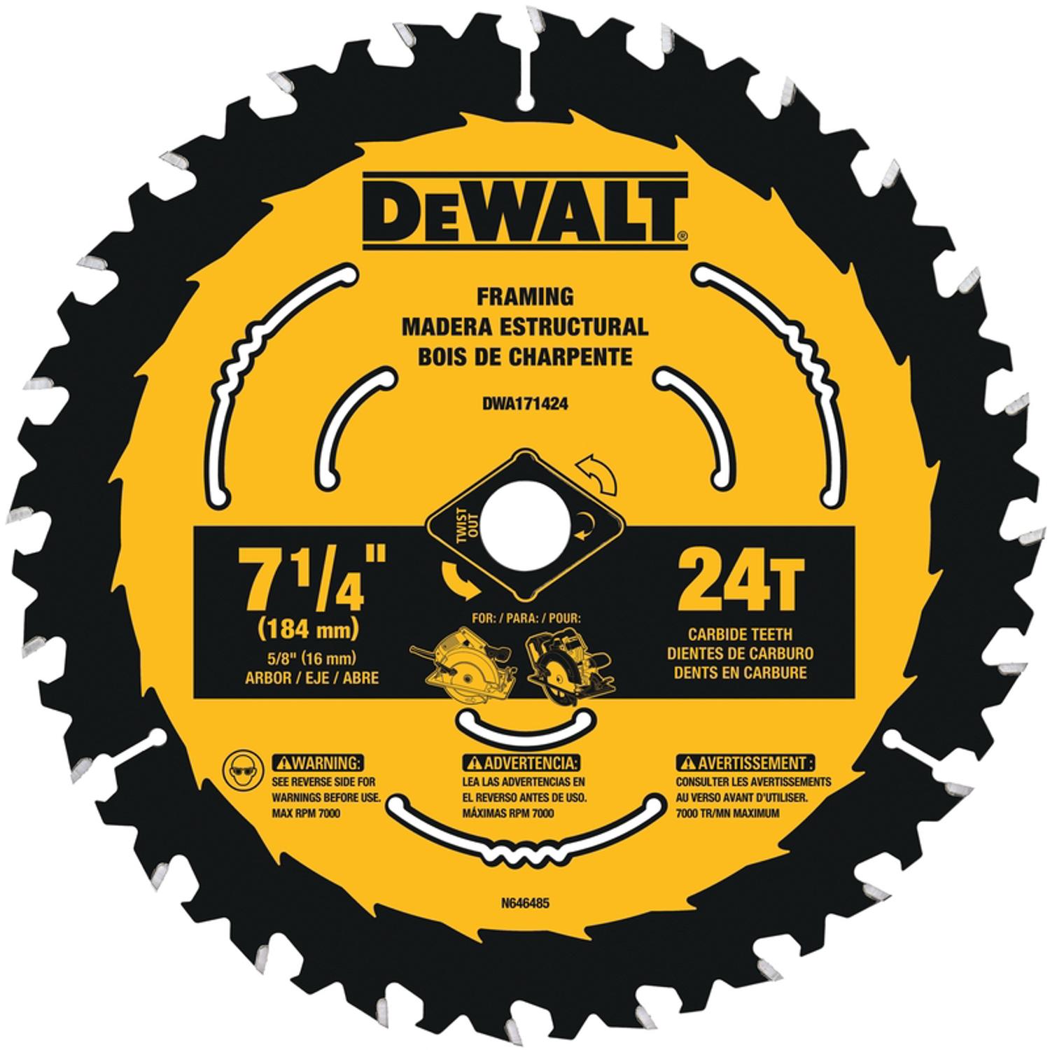 DeWalt 7-1/4 in. D X 5/8 in. Tungsten Carbide Circular Saw Blade Set 24 teeth 2 pk