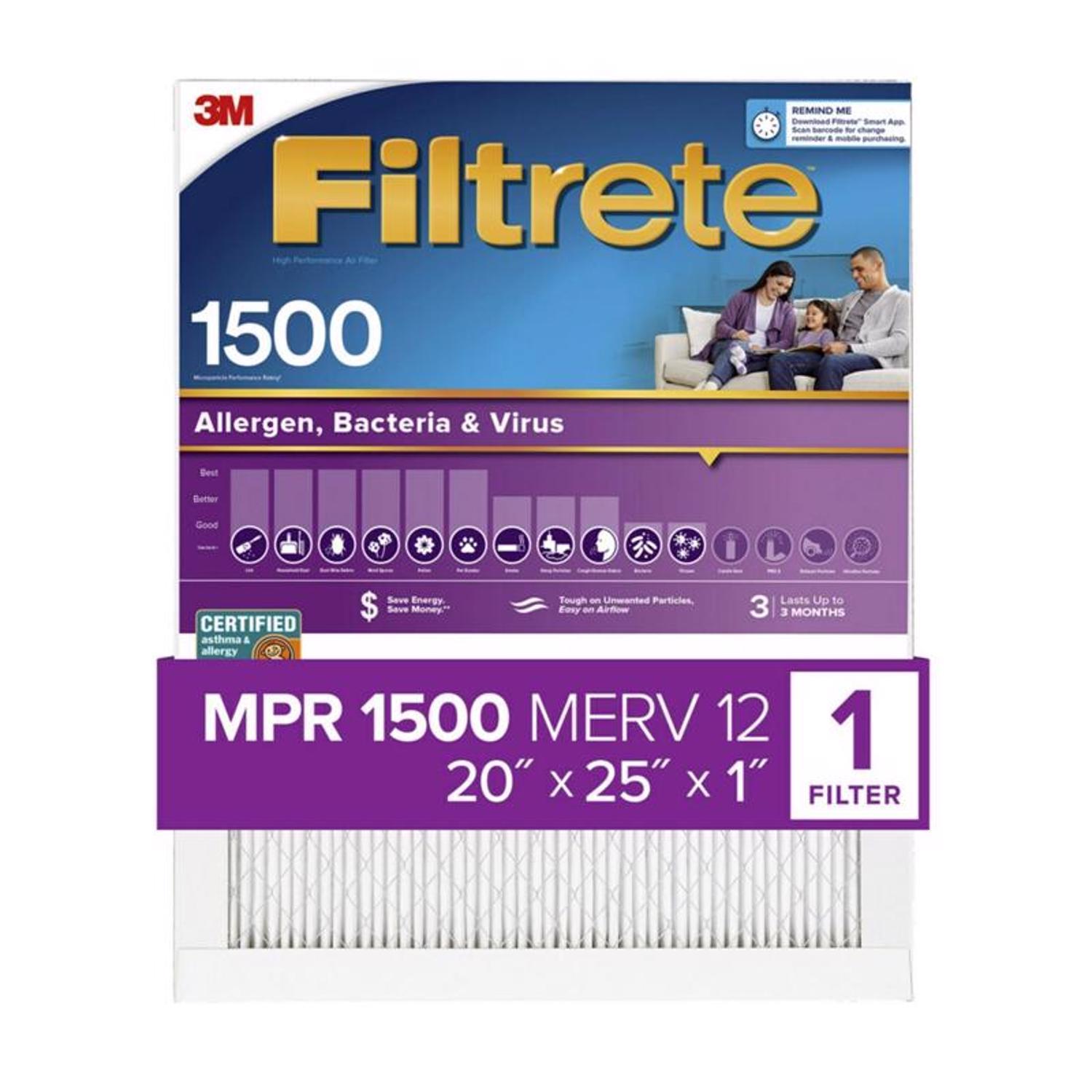 Filtrete 20 in. W X 25 in. H X 1 in. 1500 MPR Pleated Allergen Air Filter 1 pk