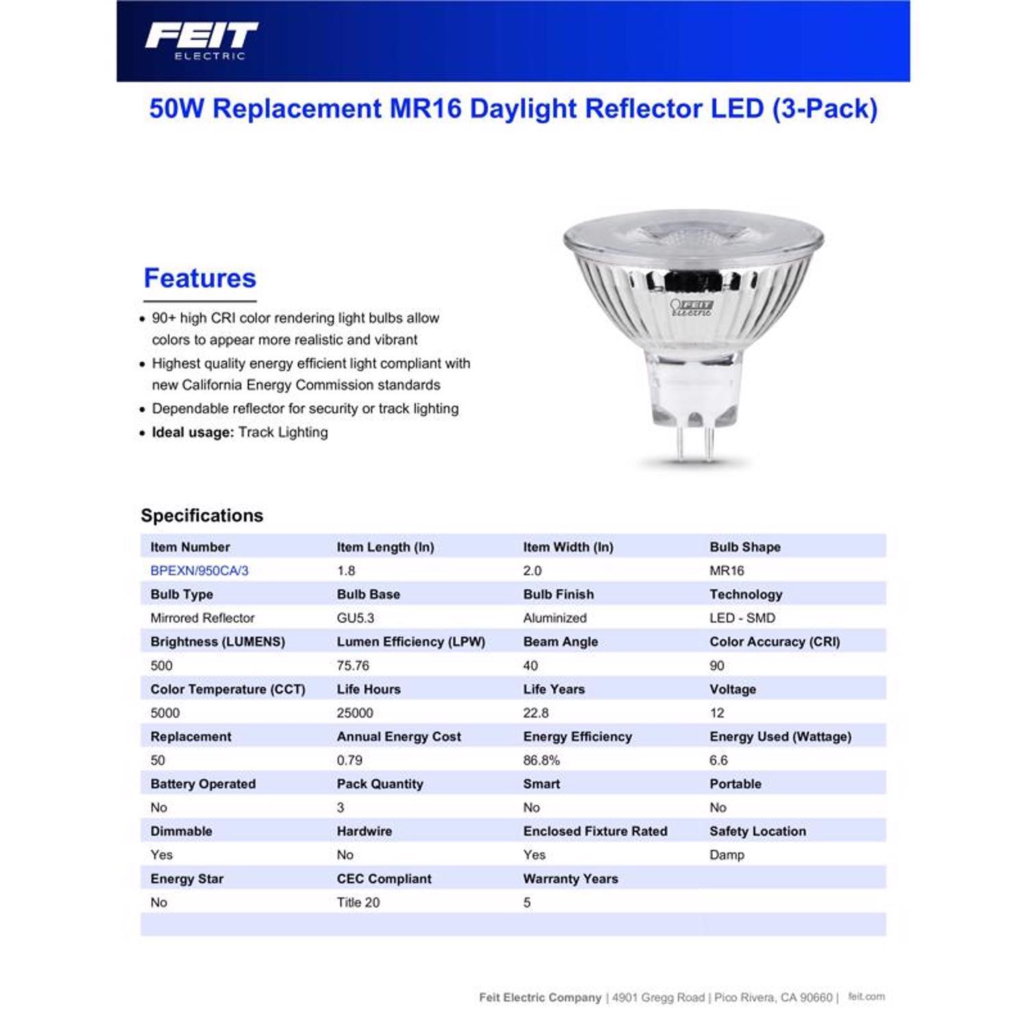 Feit Enhance MR16 GU5.3 LED Bulb Daylight 50 Watt Equivalence 3 pk