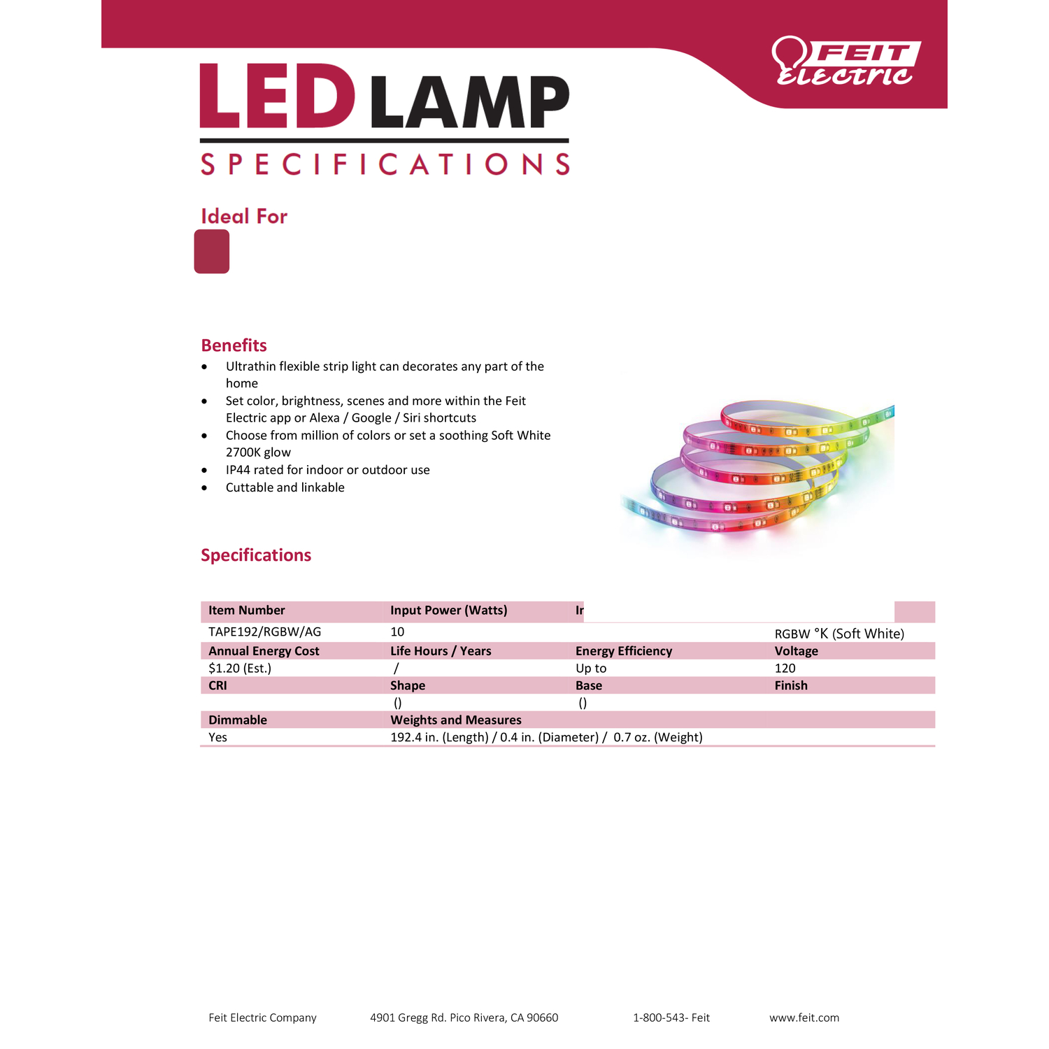 Feit Electric 16 ft. L Color Changing Plug-In LED Smart Light Strip 1 pk