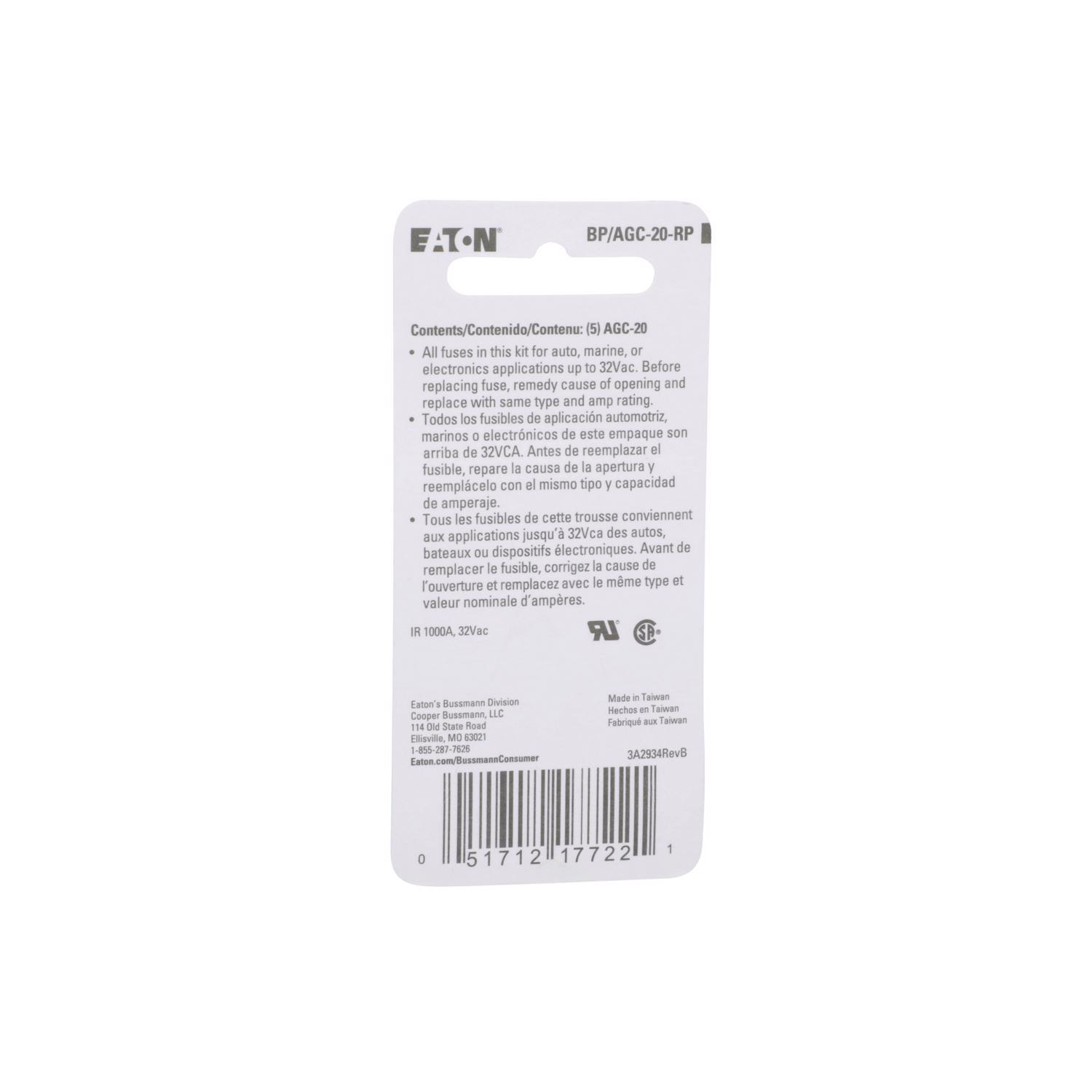 Bussmann 20 amps AGC Clear Glass Tube Fuse 5 pk