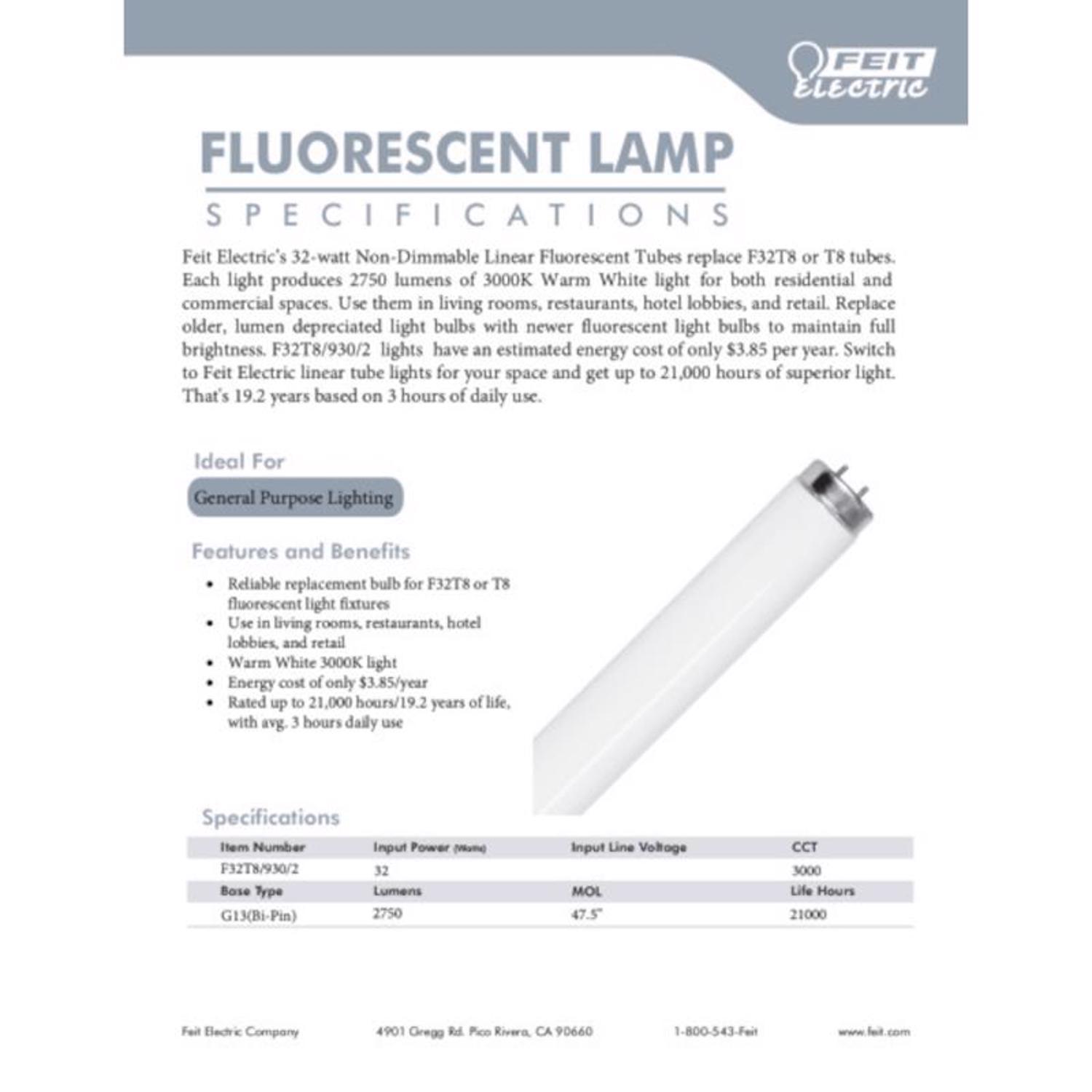 Feit Legacy Bulbs 32 W T8 1 in. D X 47.5 in. L Fluorescent Bulb Warm White Linear 3000 K 2 pk