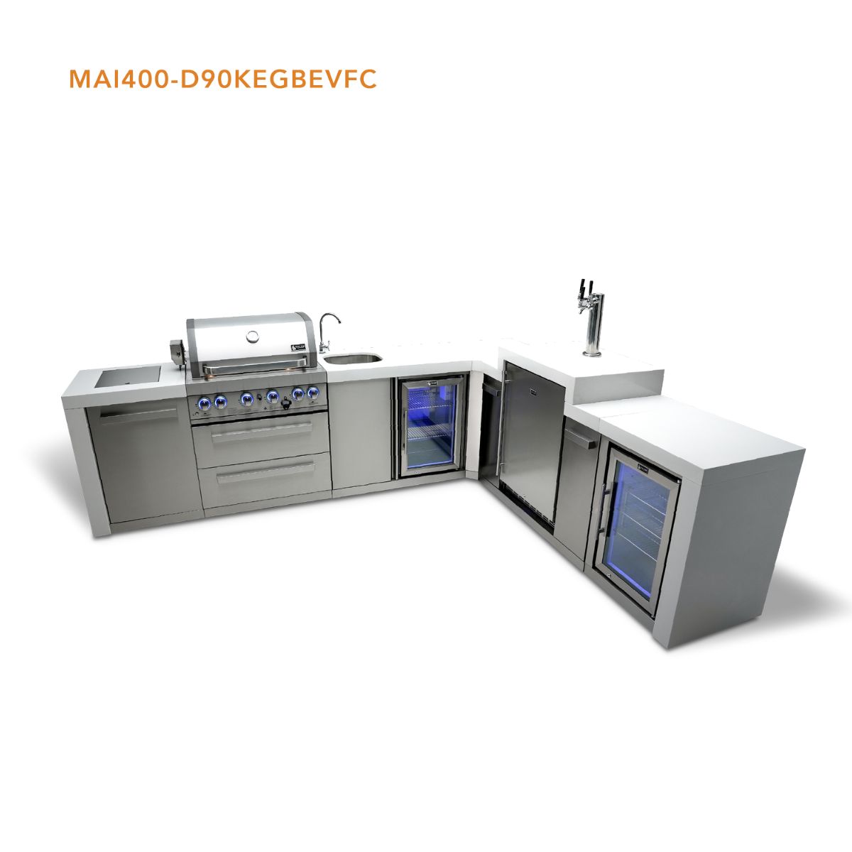 Mont Alpi 4-burner Deluxe Island with a 90-degree corner, kegerator, beverage center and fridge cabinet