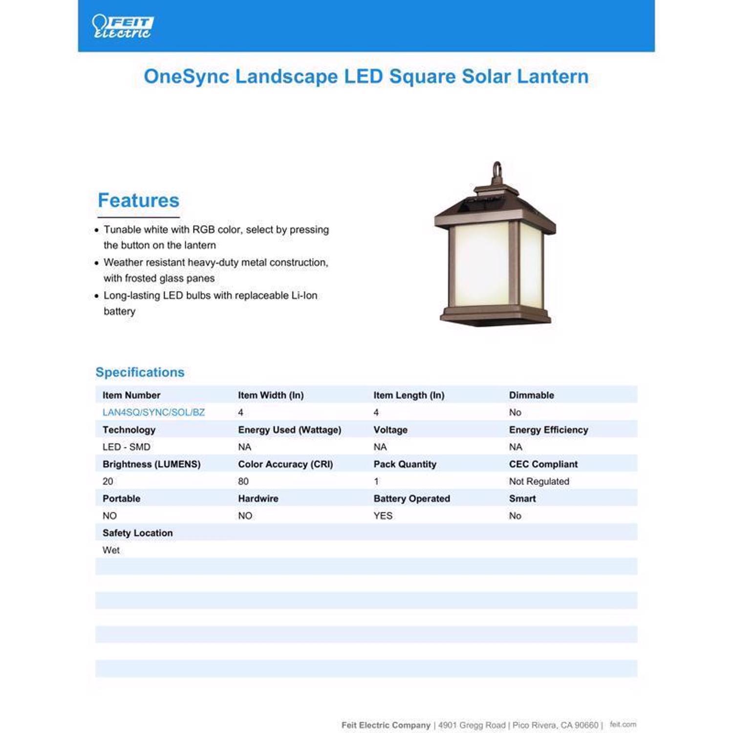 Feit OneSync 4 in. Solar Power Metal Square Bronze Hanging Pathway Light