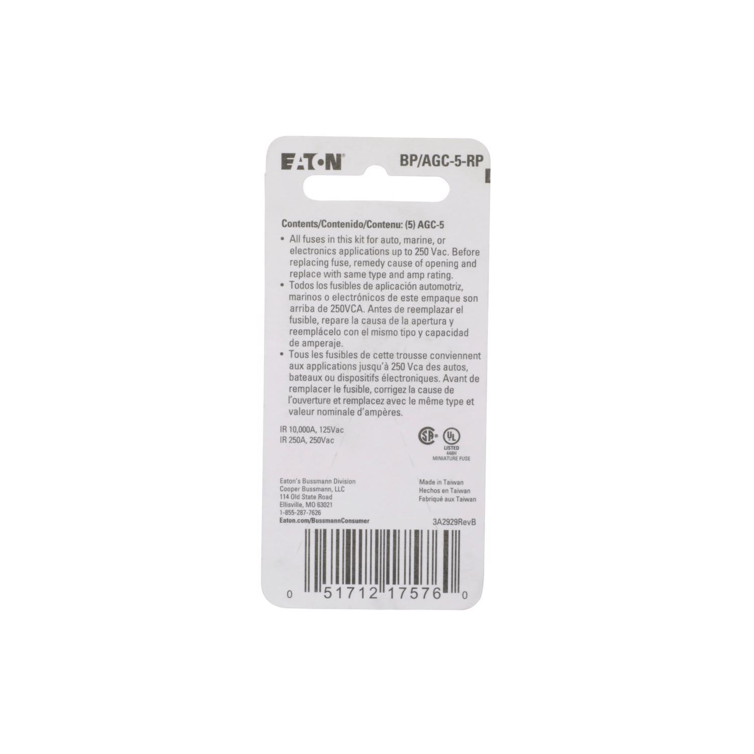 Bussmann 5 amps AGC Clear Glass Tube Fuse 5 pk