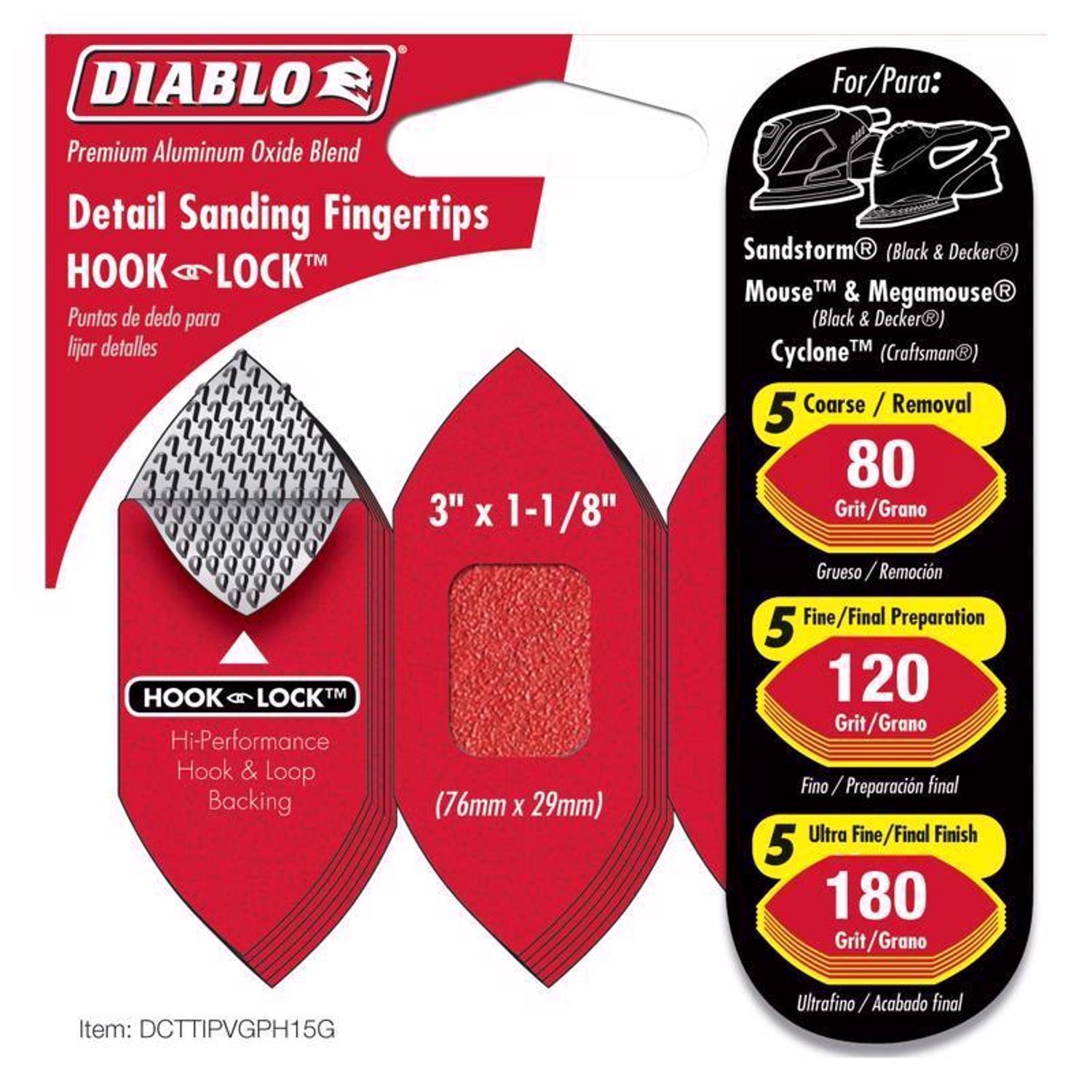 Diablo 3 in. L X 1-1/8 in. W 80/120/180 Grit Aluminum Oxide Detail Sanding Fingertips 15 pk