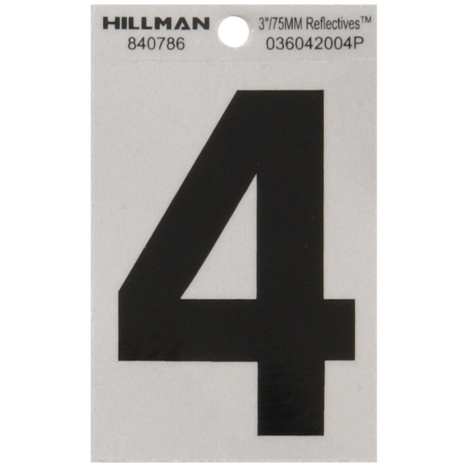 HILLMAN 3 in. Reflective Black Vinyl Self-Adhesive Number 4 1 pc