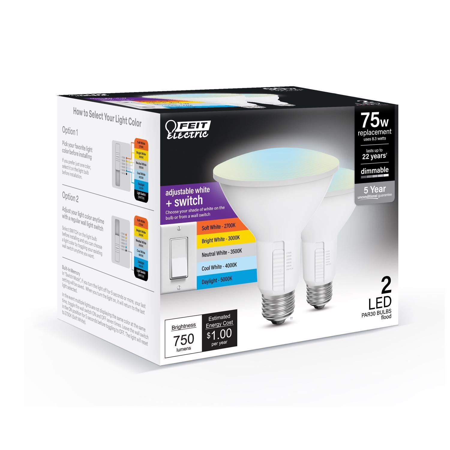 Feit Enhance PAR30 E26 (Medium) LED Bulb Adjustable White 75 Watt Equivalence 2 pk