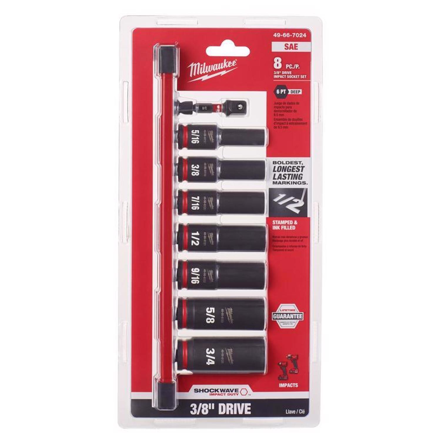 Milwaukee SHOCKWAVE 3/8 in. drive SAE 6 Point Deep Impact Rated Socket Set 8 pc