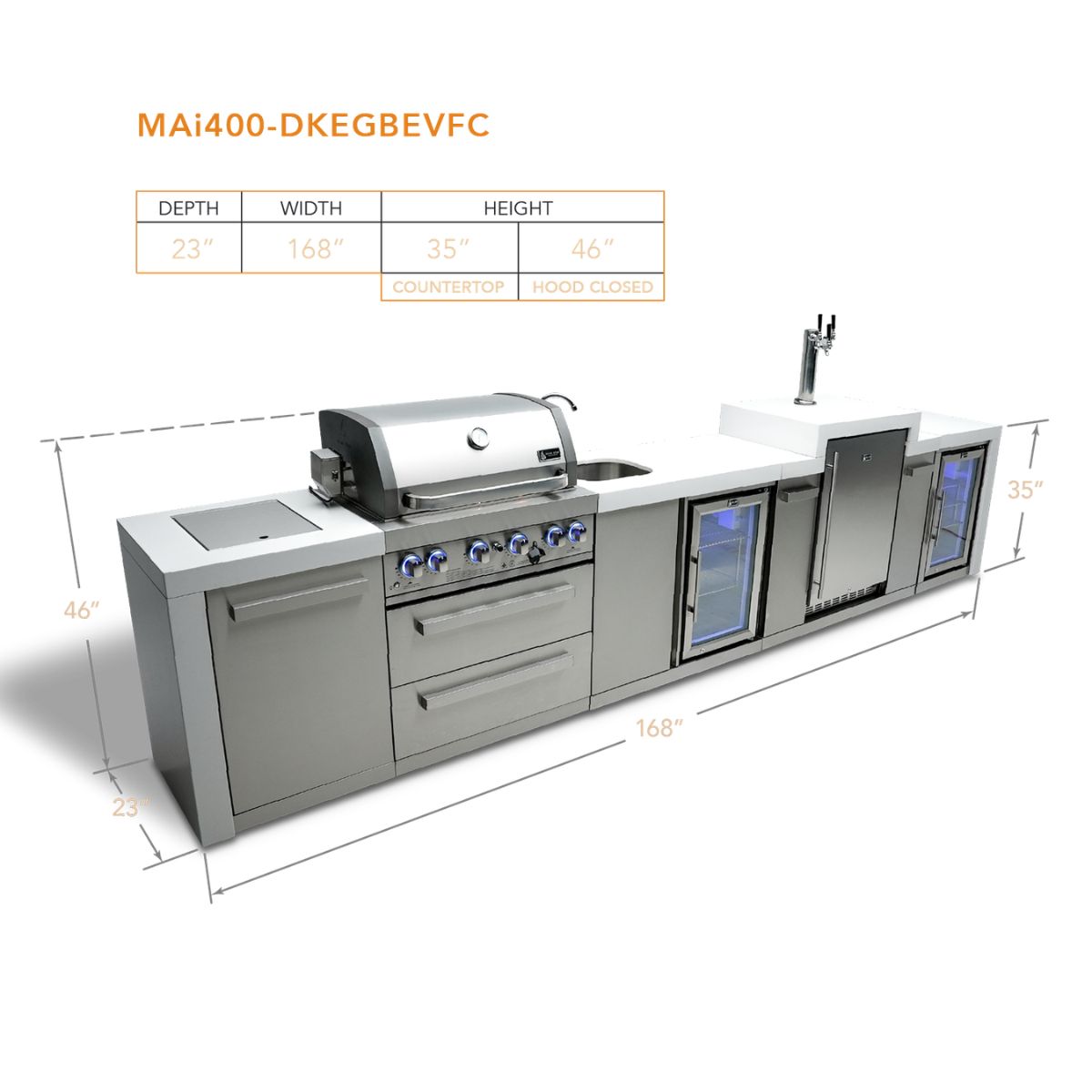Mont Alpi 4-burner Deluxe Island with a kegerator, beverage center, and fridge cabinet