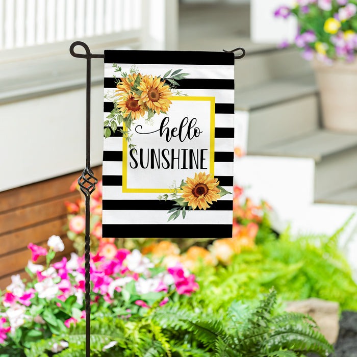 Evergreen Hello Sunshine Plaid Burlap Garden Flag