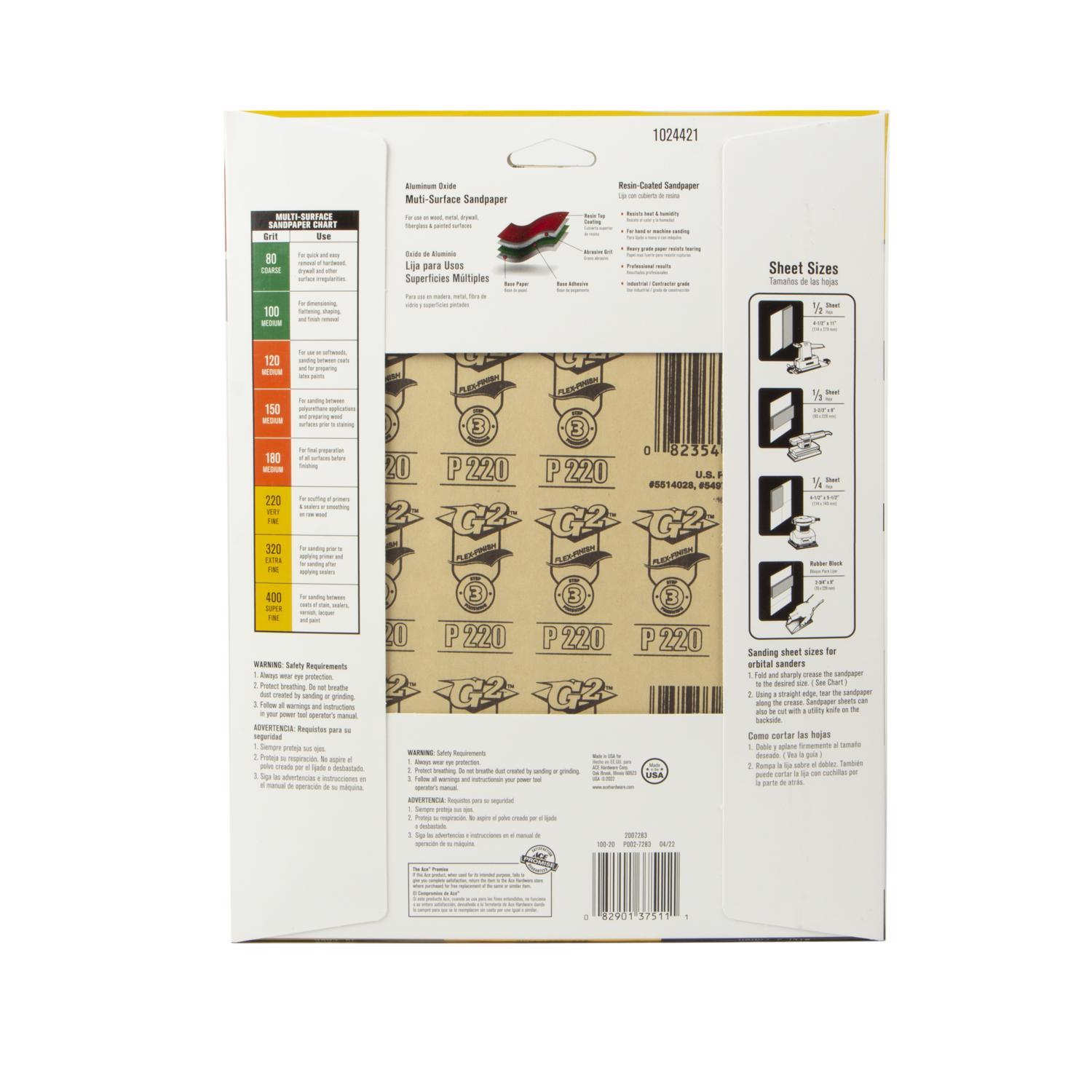 Ace 11 in. L X 9 in. W 220 Grit Aluminum Oxide All Purpose Sandpaper 15 pk