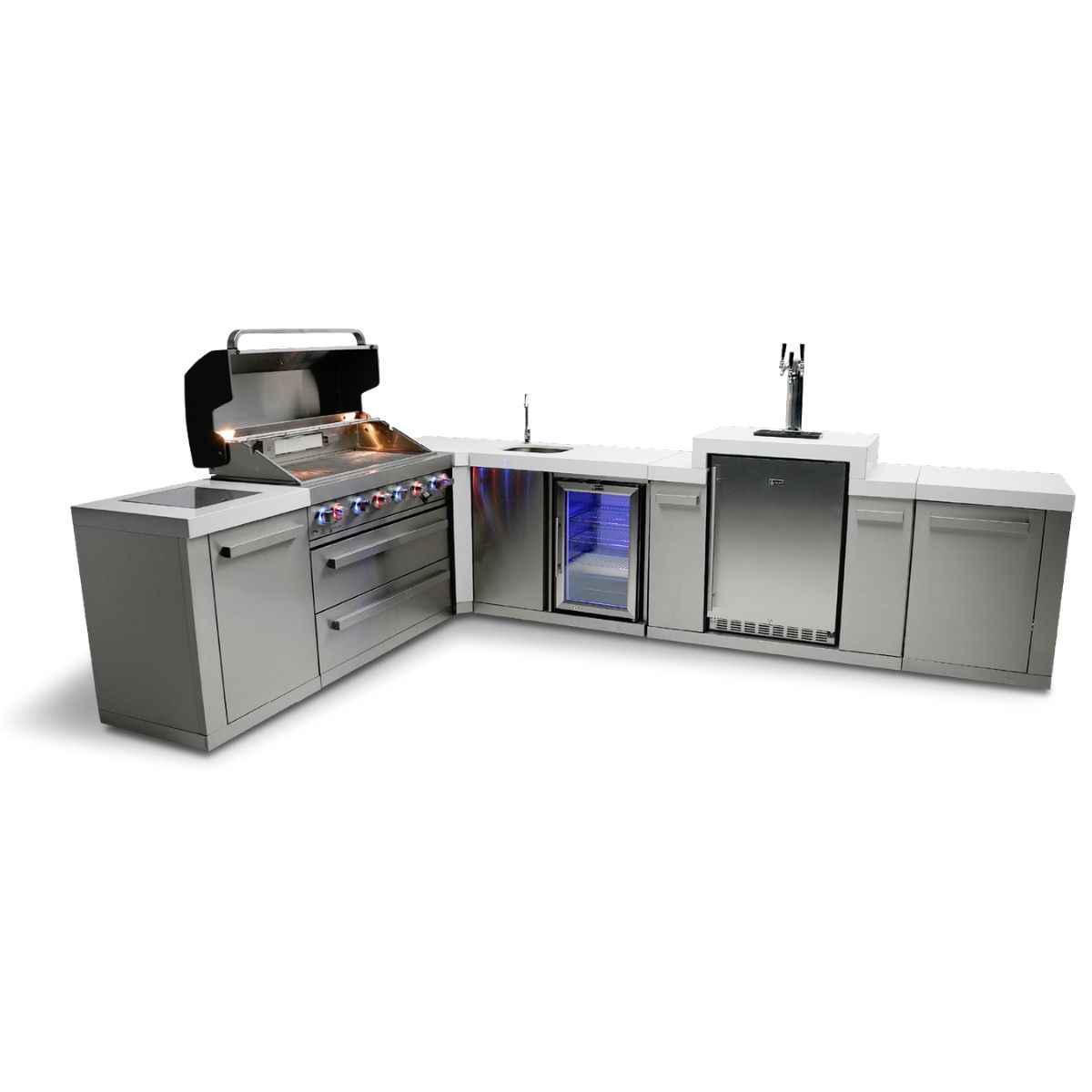 Mont Alpi 6-burner island with a 90-degree corner, kegerator, and beverage center