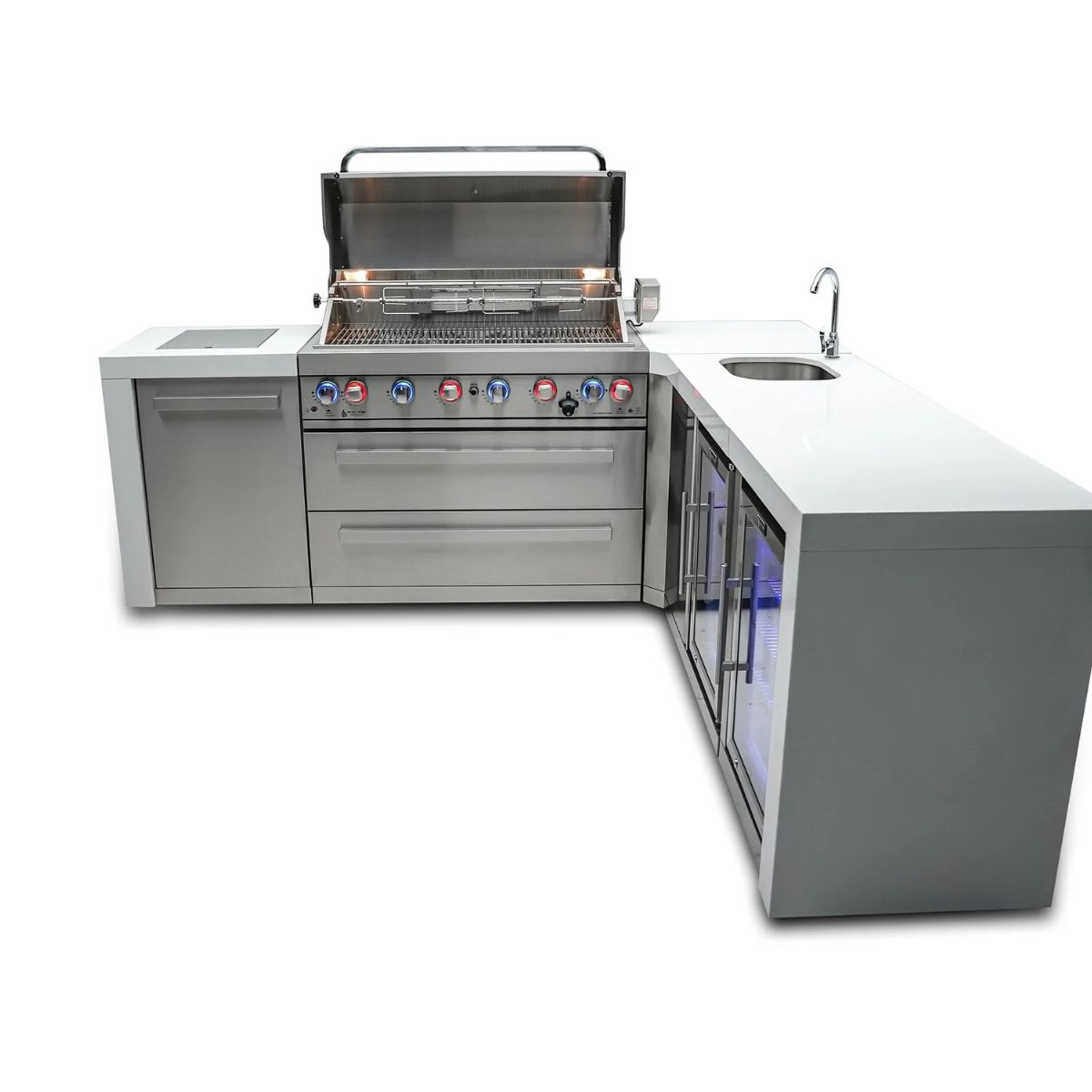 Mont Alpi 6-Burner Deluxe island with 90-degree corner,beverage center nad fridge cabinet