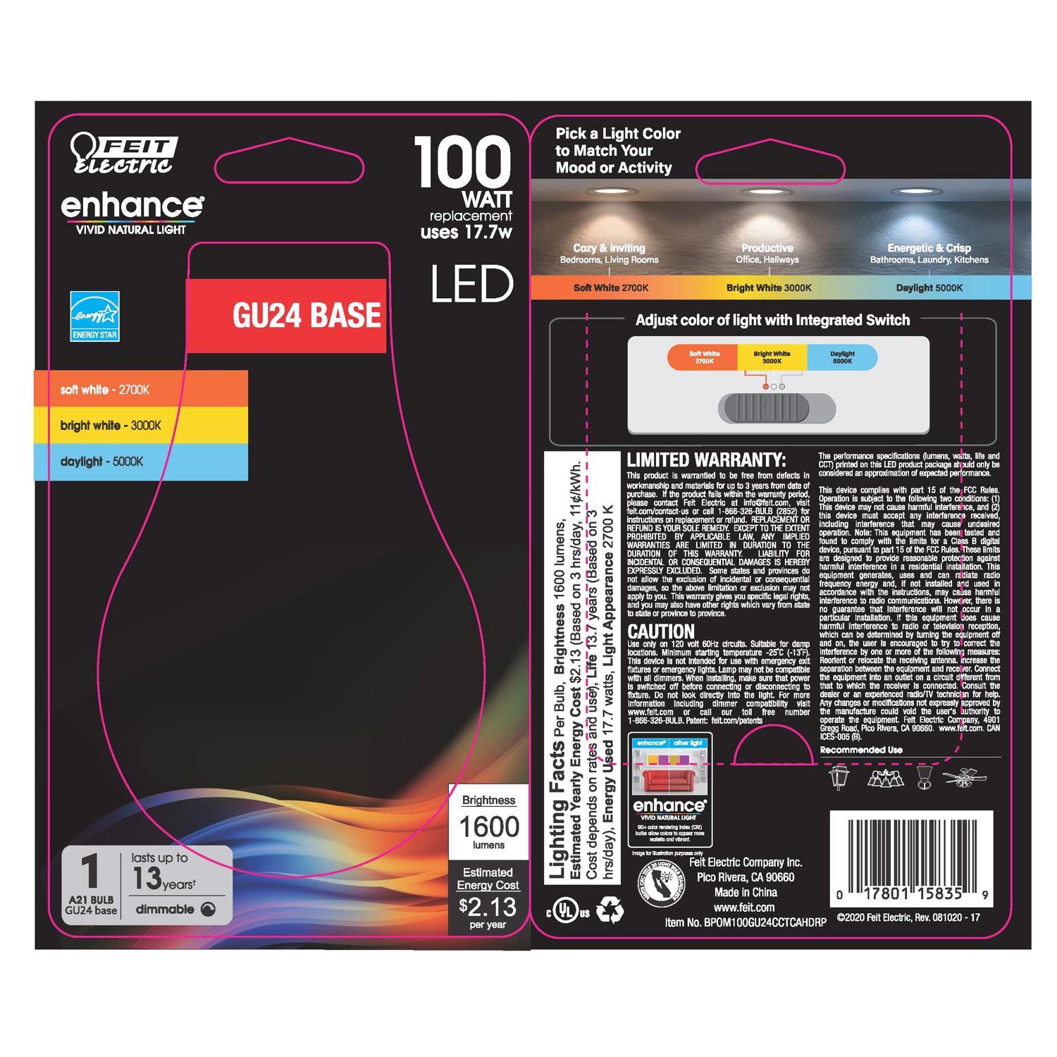 Feit A21 GU24 LED Bulb Adjustable White 100 Watt Equivalence 1 Pack