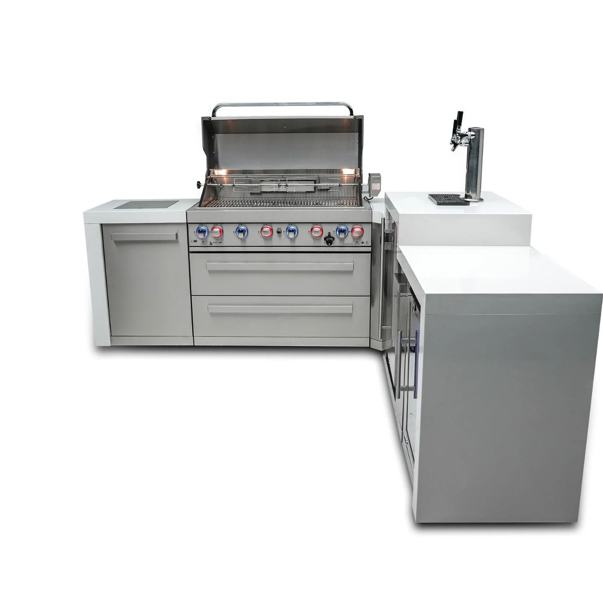 Mont Alpi 6-burner Deluxe Island with a 90-degree corner, kegerator, and fridge cabinet