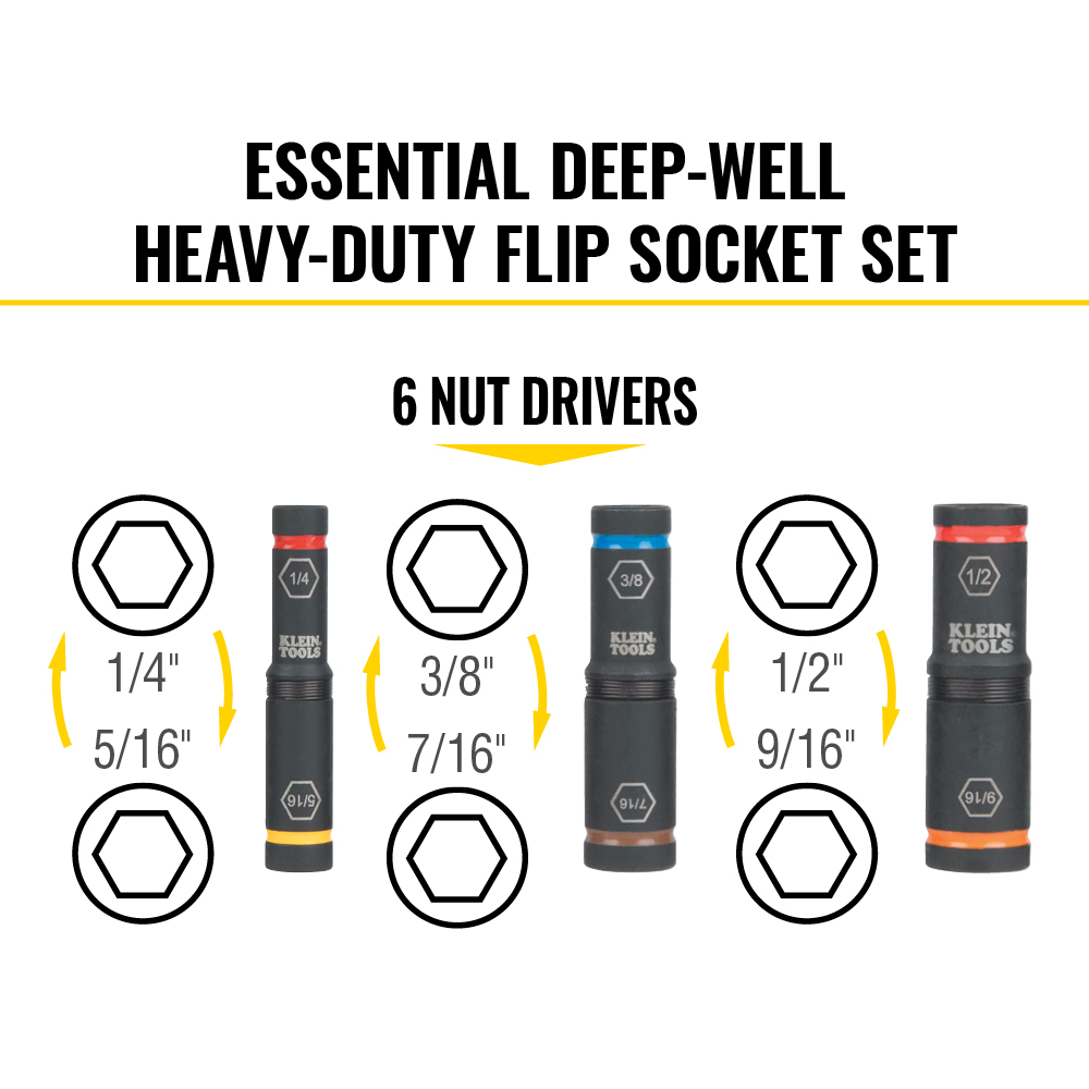 Klein KNECT Essential Deep-Well Heavy-Duty Flip Socket Set, SAE 7-Piece