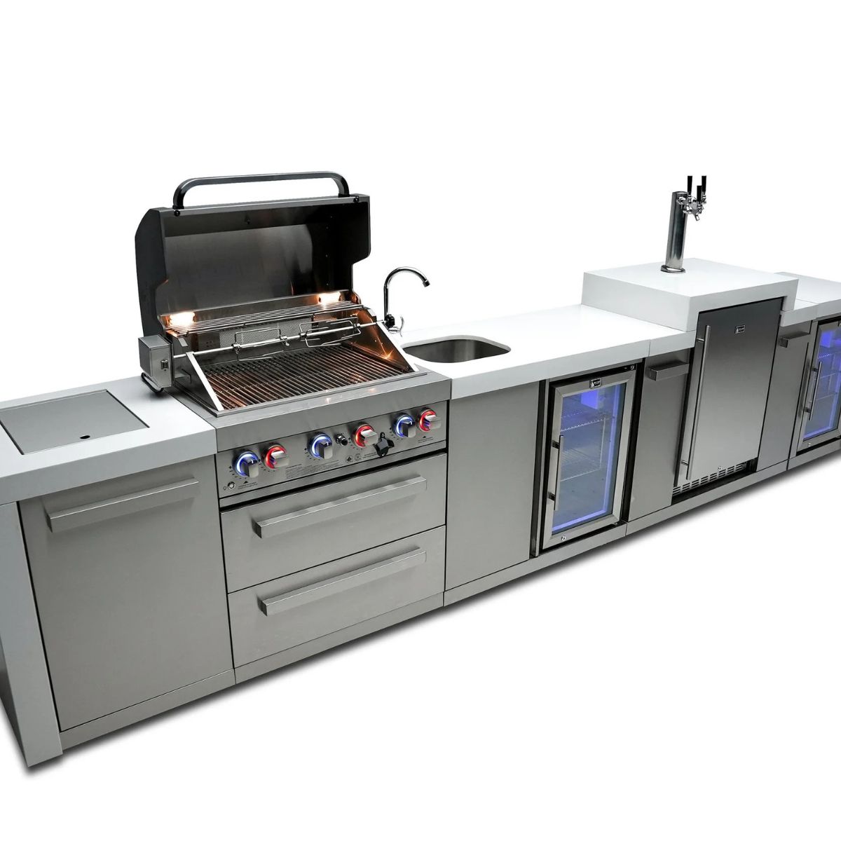 Mont Alpi 4-burner Deluxe Island with a kegerator, beverage center, and fridge cabinet