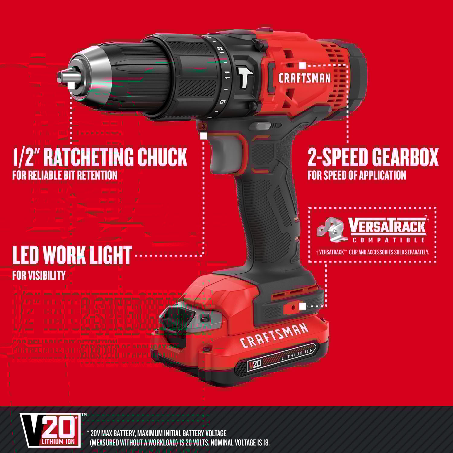 Craftsman V20 1/2 in. Brushed Cordless Hammer Drill Kit (Battery & Charger)