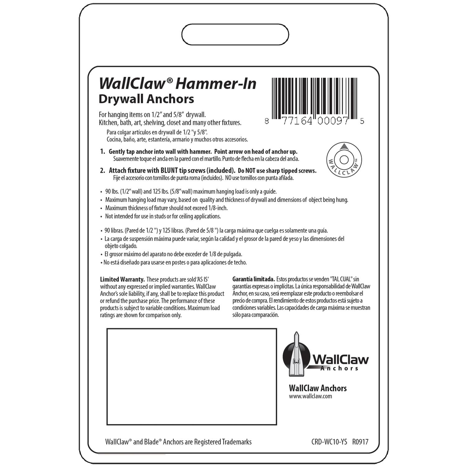 WallClaw Anchors .25 in. D X 2 in. L Plastic/Steel Pan Head Wallboard Anchors 10 pk