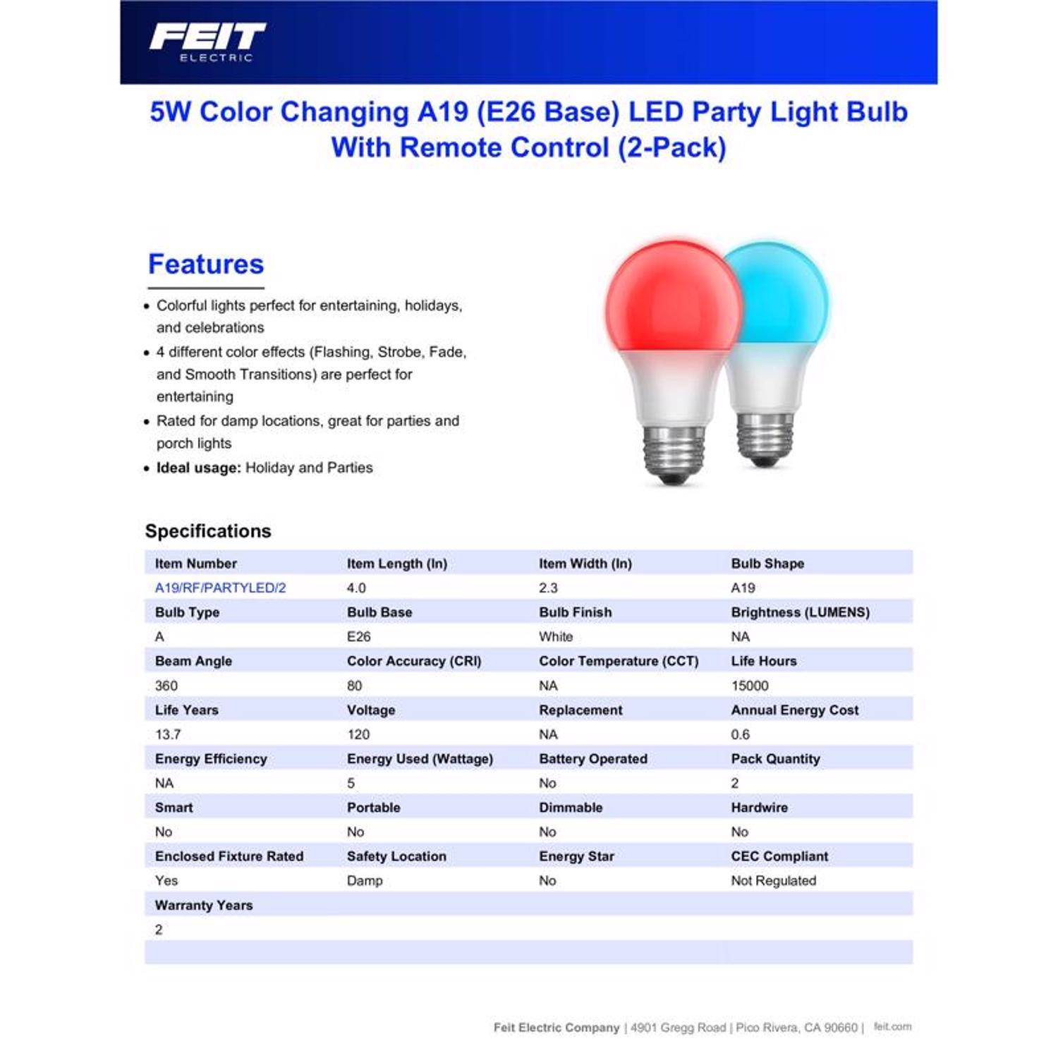 Feit A19 E26 (Medium) Party Bulb Color Changing 5 Watt Equivalence 2 pk