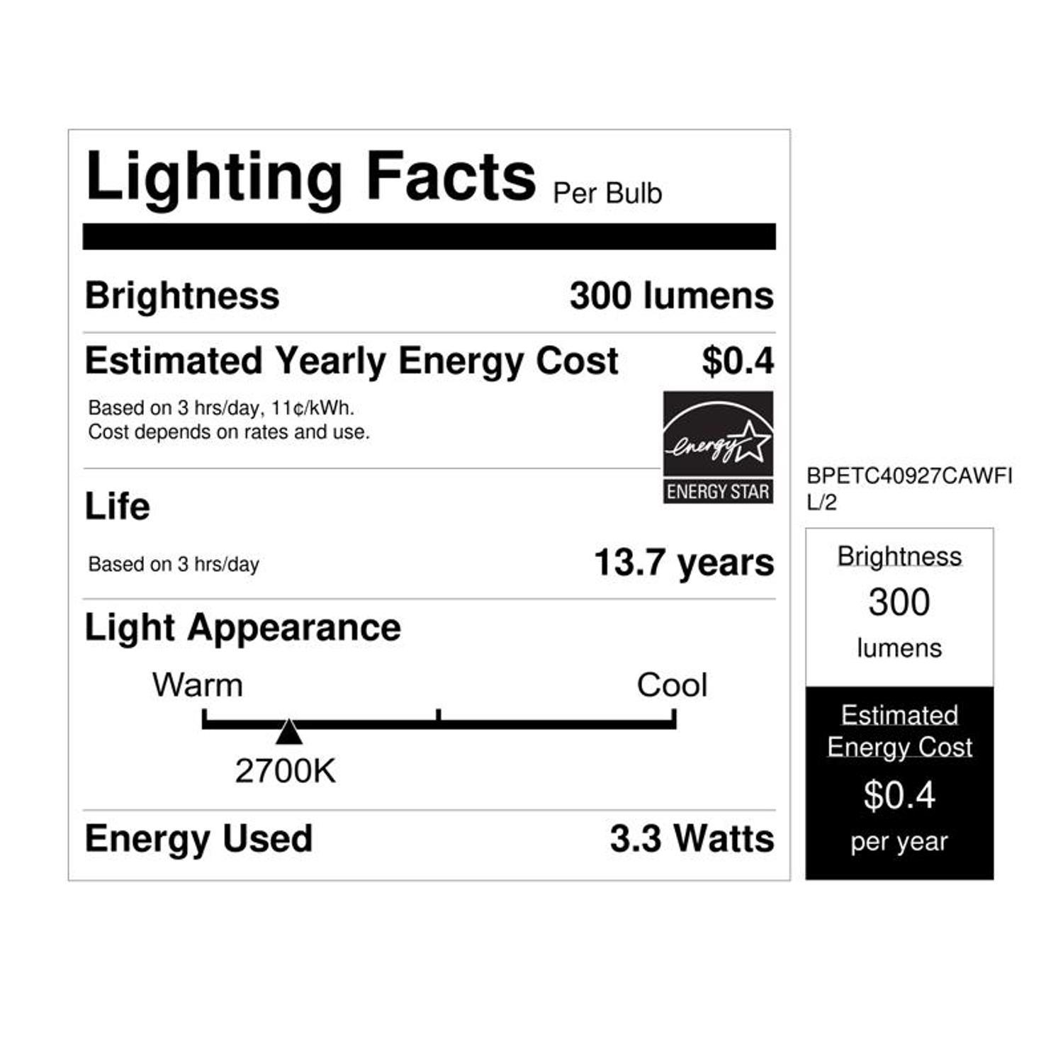 Feit White Filament B10 E26 (Medium) Filament LED Bulb Soft White 40 Watt Equivalence 2 pk