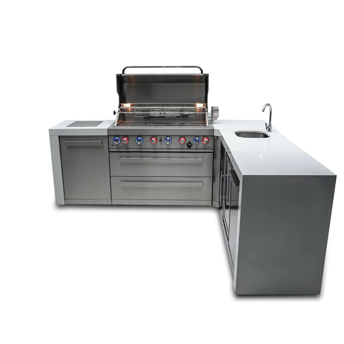 Mont Alpi 6-Burner Deluxe island featuring a 90-degree corner and beverage center