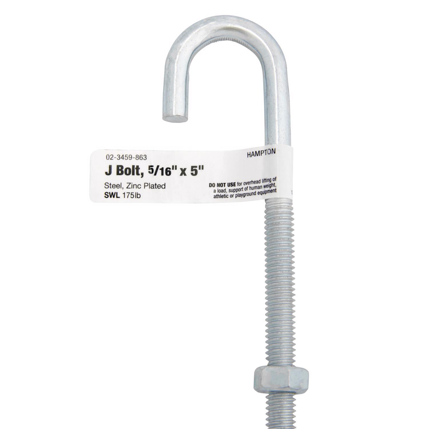 Hampton Medium Zinc-Plated Silver Zinc 5 in. L J-Bolt 150 lb 1 pk