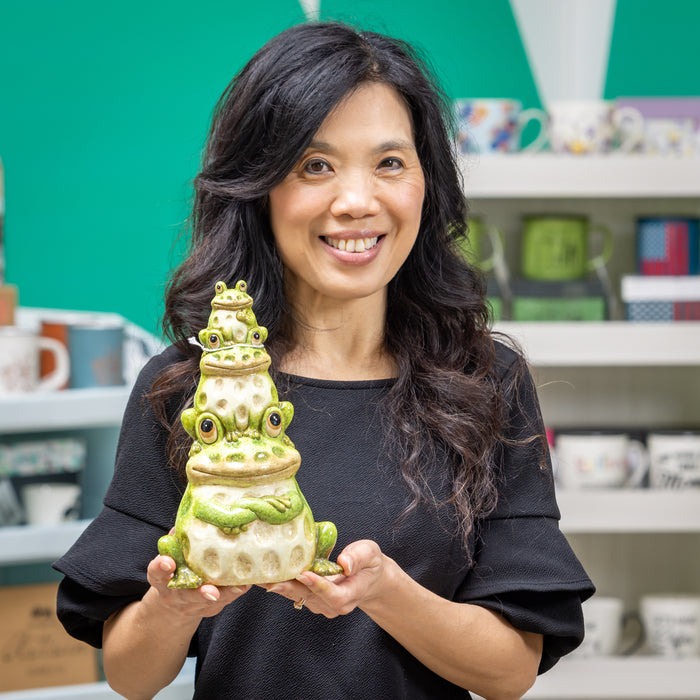 Evergreen Pollinator Garden Statue, Ceramic Stacked Frog Statue, 10.5 in. H