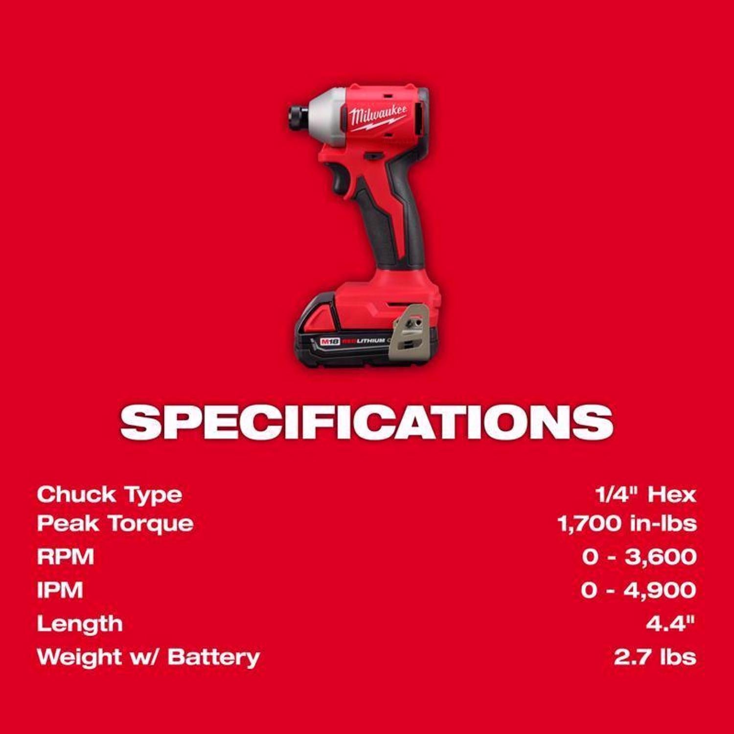 Milwaukee 18V M18 Compact Next Gen 1/4 in. Cordless Brushless Impact Driver Kit (Battery & Charger)