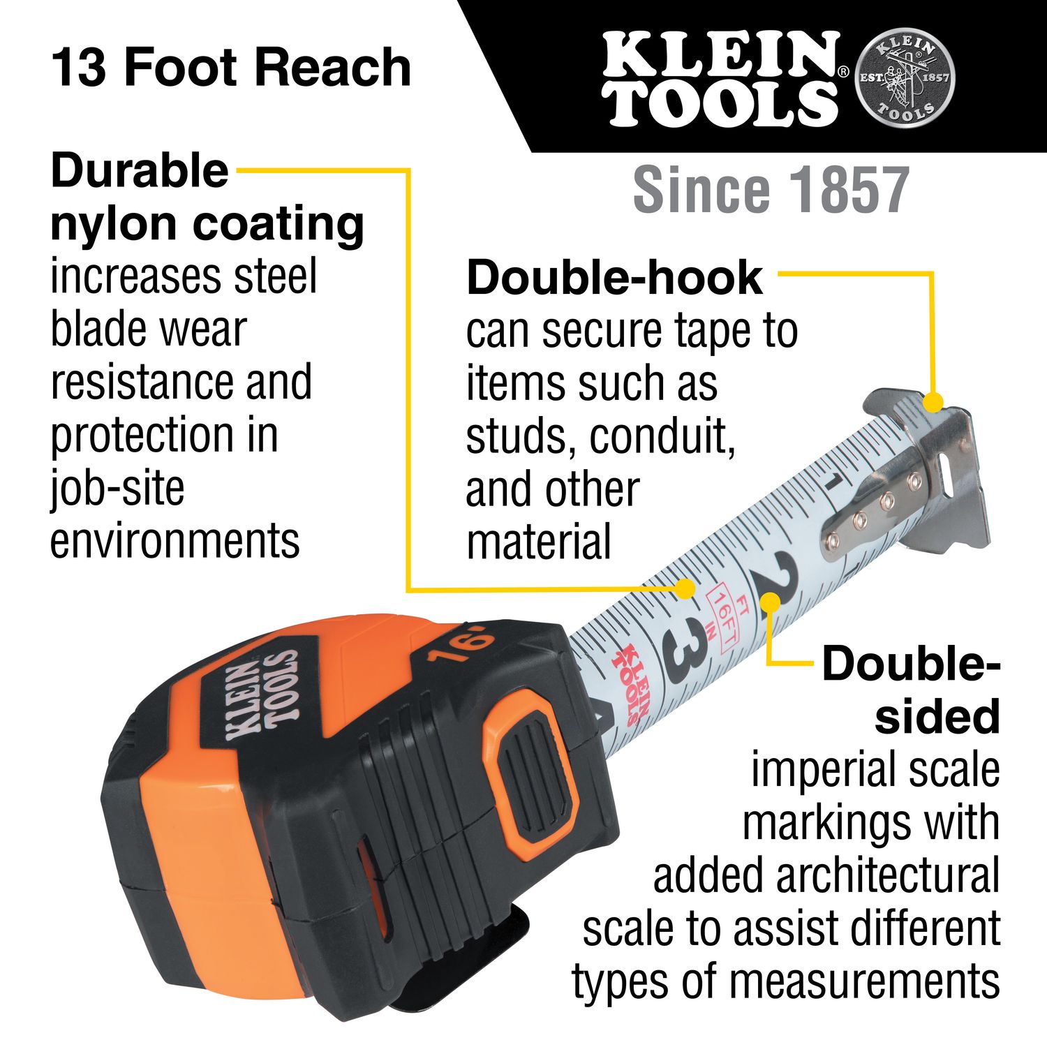 Klein Tape Measure, 16-Foot Compact, Double-Hook