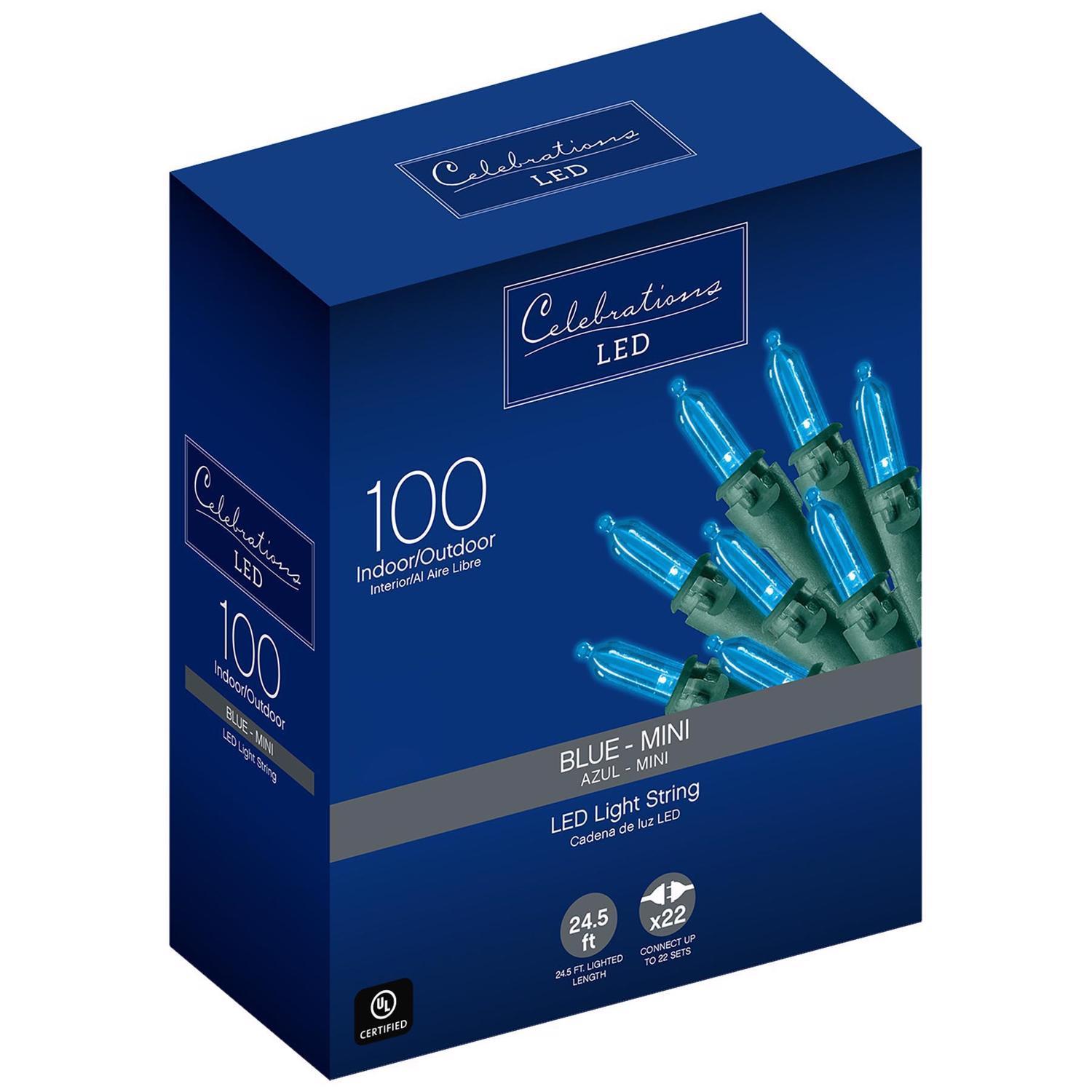Celebrations Blue LED Mini Blue 100 ct String Christmas Lights 24.5 ft.