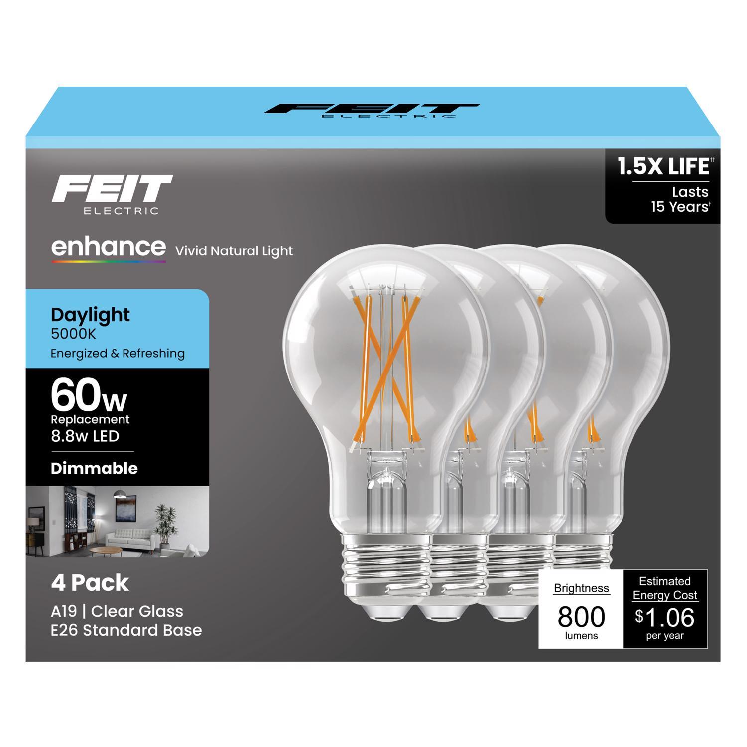 Feit Enhance A19 E26 (Medium) Filament LED Bulb Daylight 60 Watt Equivalence 4 pk