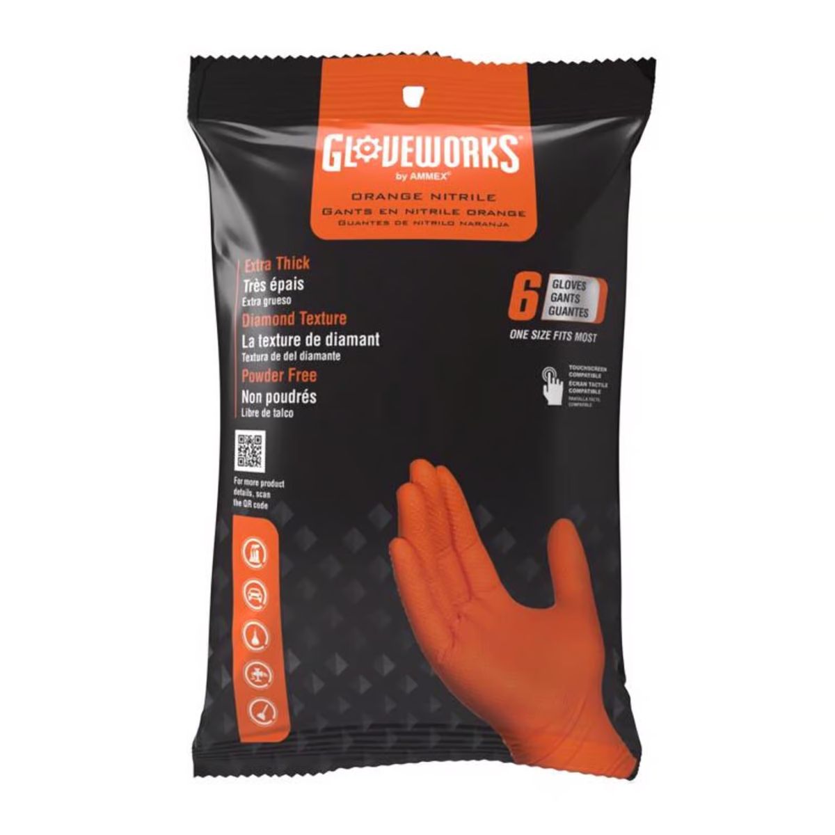 Gloveworks Nitrile Disposable Gloves One Size Fits Most Orange Powder Free 6 Pieces