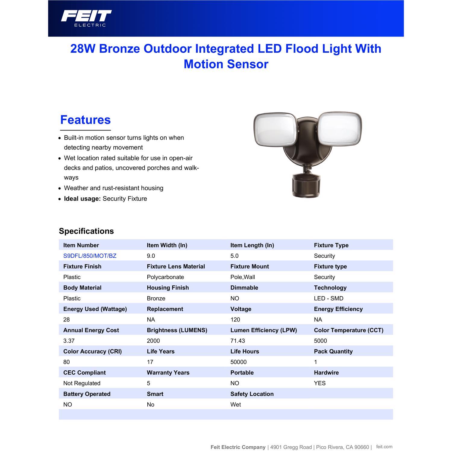 Feit LED Motion-Sensing Hardwired LED Bronze Security Floodlight