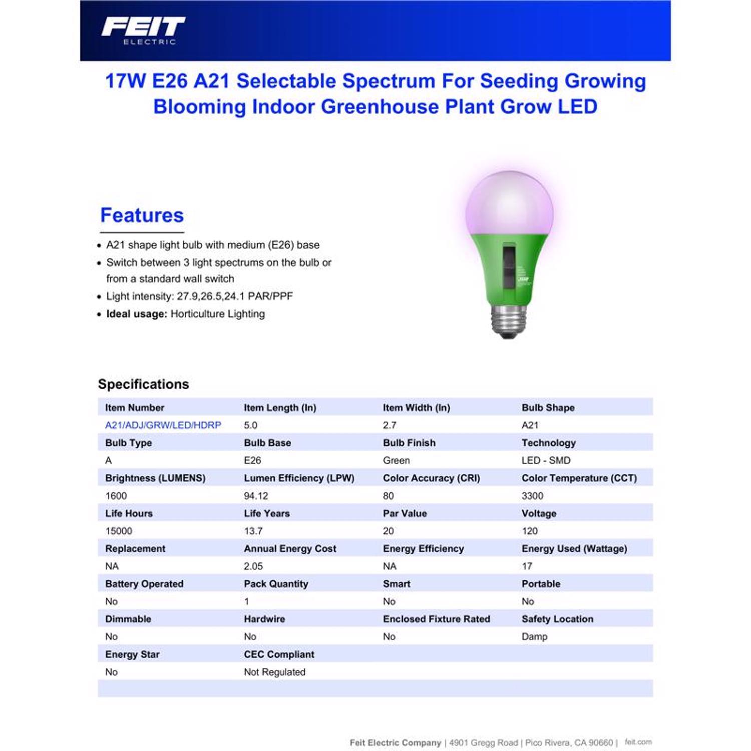 Feit A21 E26 (Medium) LED Grow Light Clear 1 pk