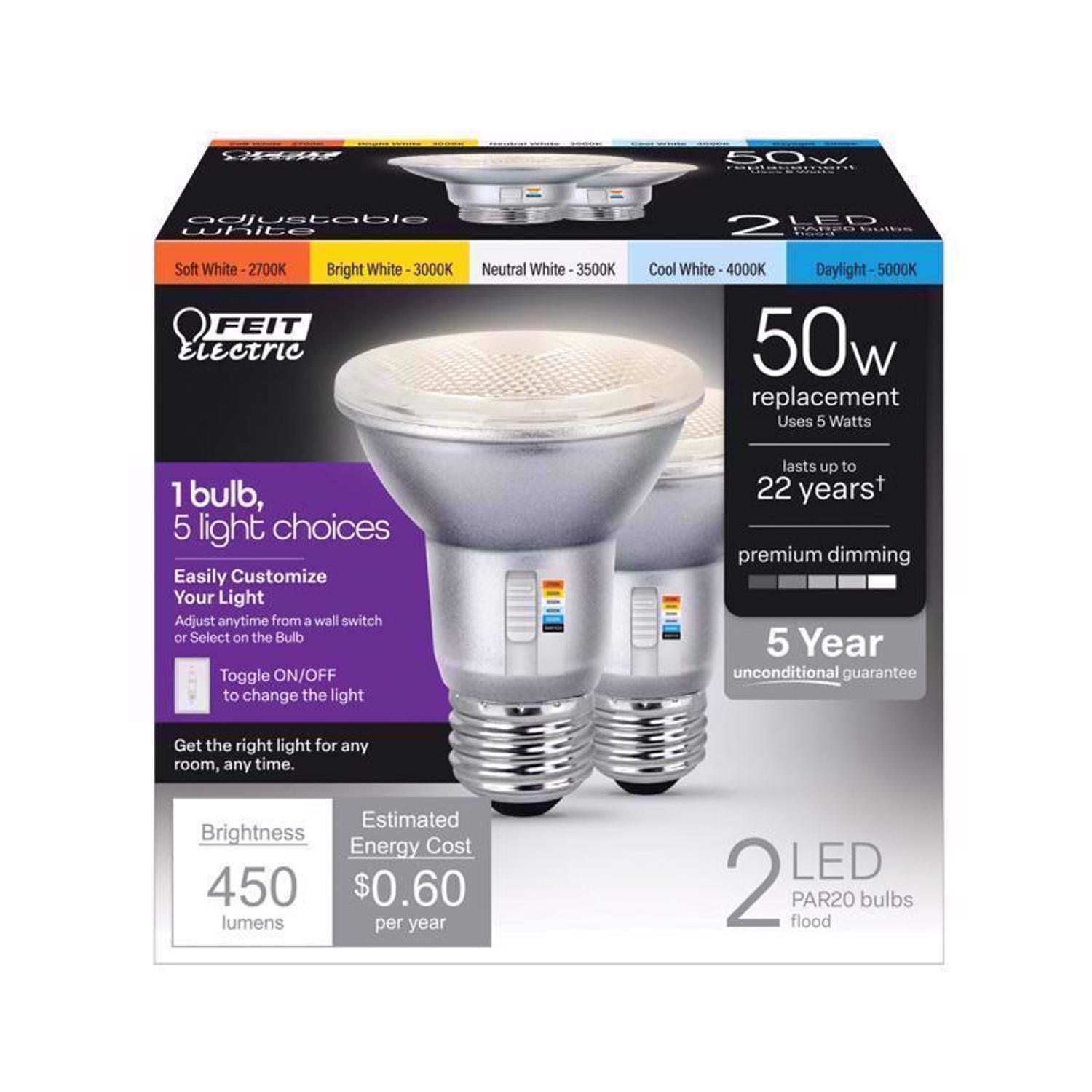 Feit PAR20 E26 (Medium) LED Floodlight Bulb Adjustable White 50 Watt Equivalence 2 pk
