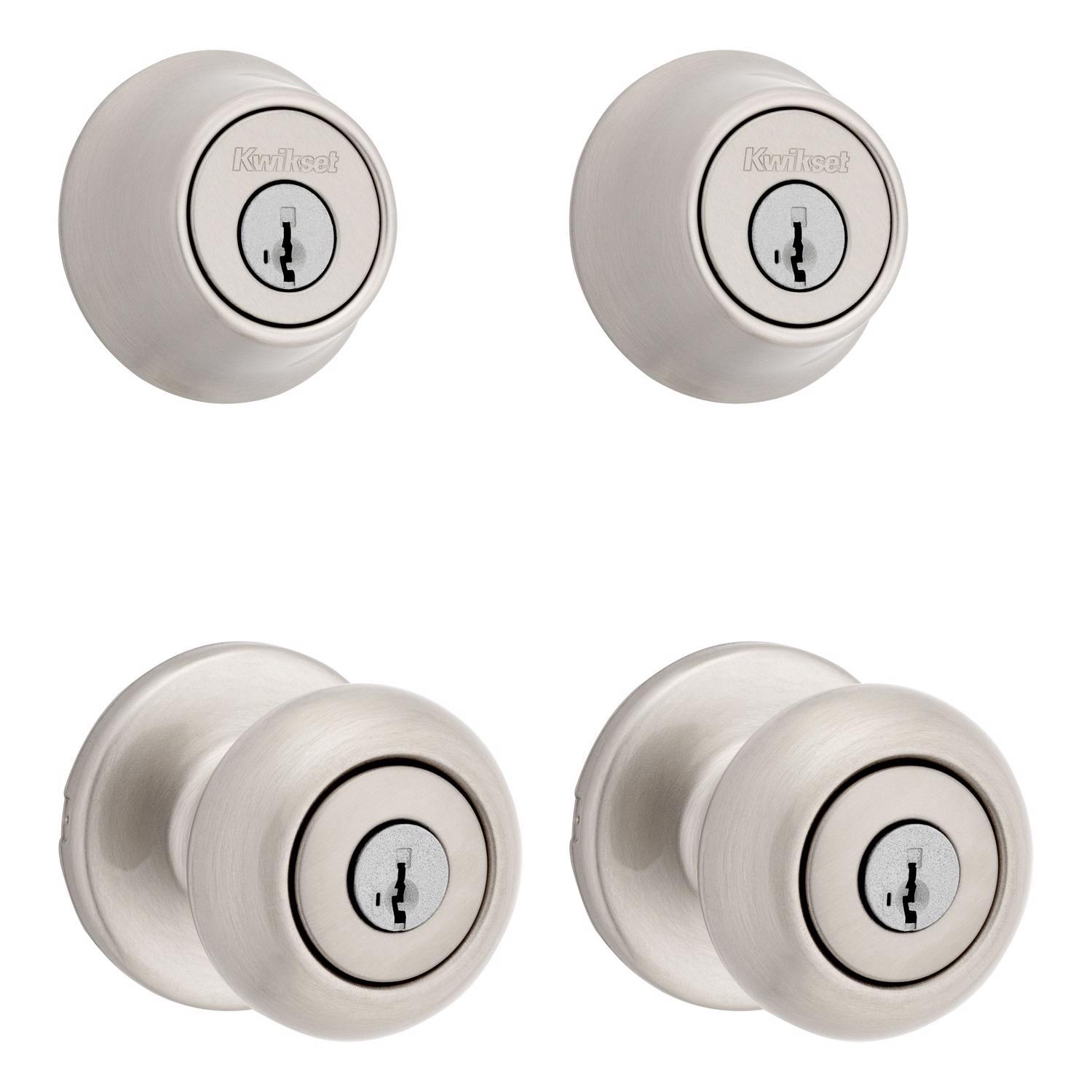 Kwikset SmartKey Security Classic Satin Nickel Entry Knob and Single Cylinder Deadbolt KW1 2-3/4 in.