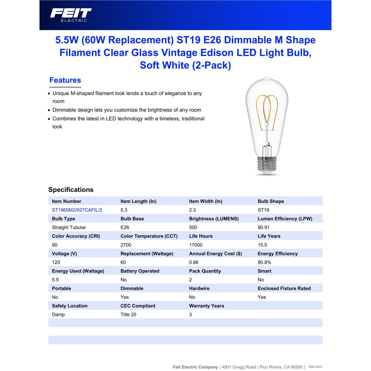 Feit ST19 E26 (Medium) Filament LED Bulb Soft White 60 Watt Equivalence 2 pk