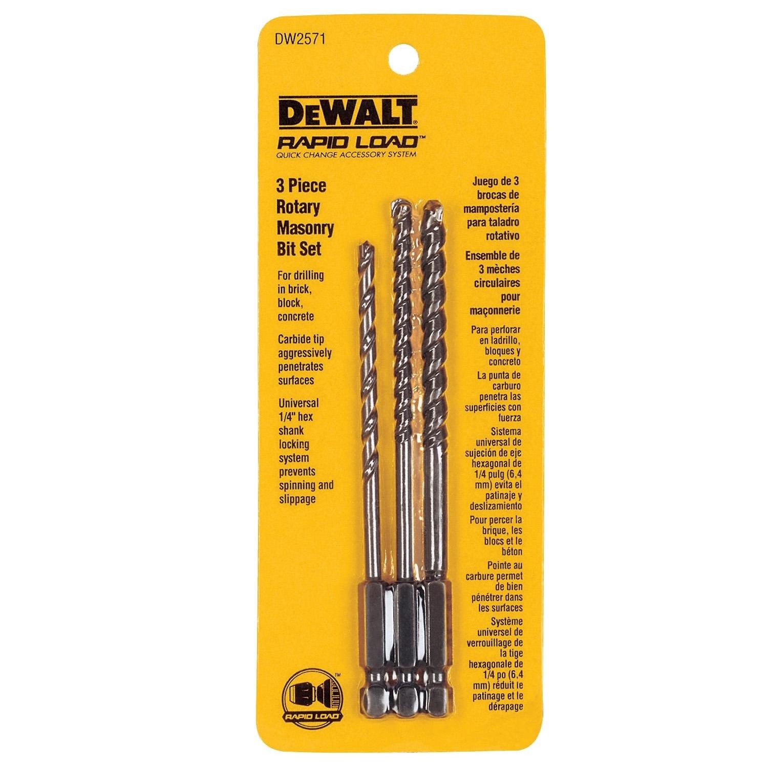 DEWALT Rapid Load Carbide Tipped Masonry Drill Bit Set Hex Shank 3 pc