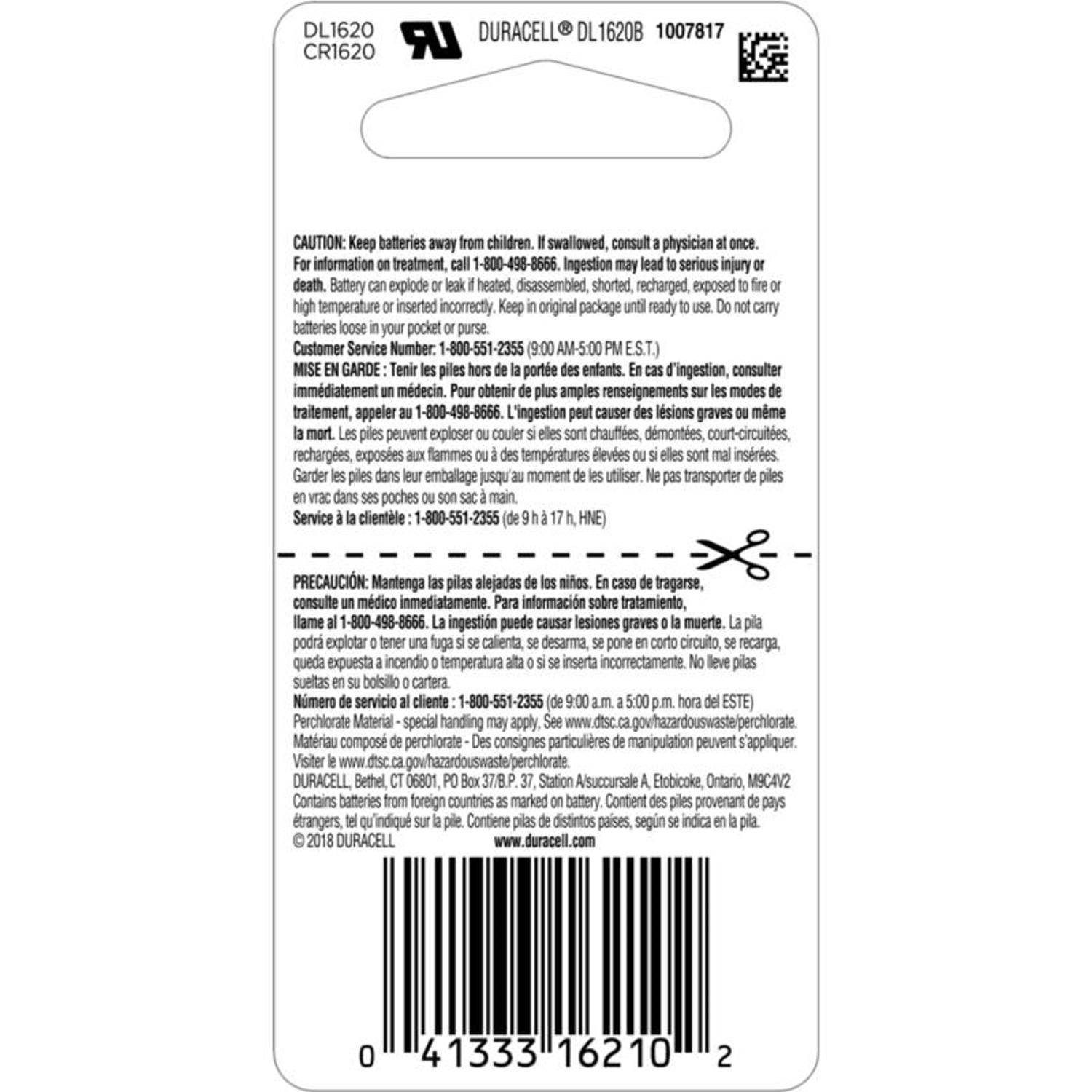 Duracell Lithium Coin 1620 3 V 68 mAh Medical Battery 1 pk