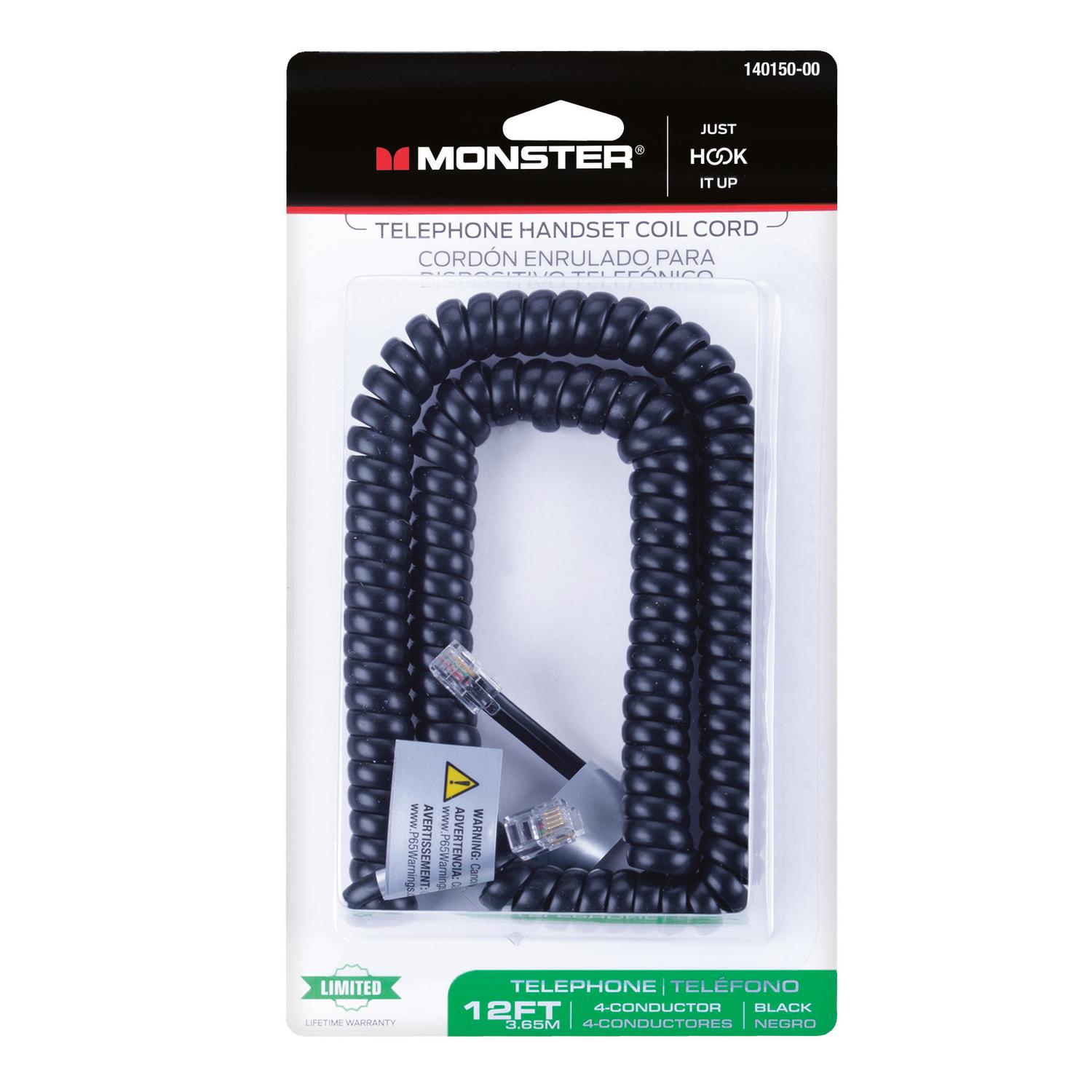 Monster Just Hook It Up 12 ft. L Black Telephone Handset Coil Cord